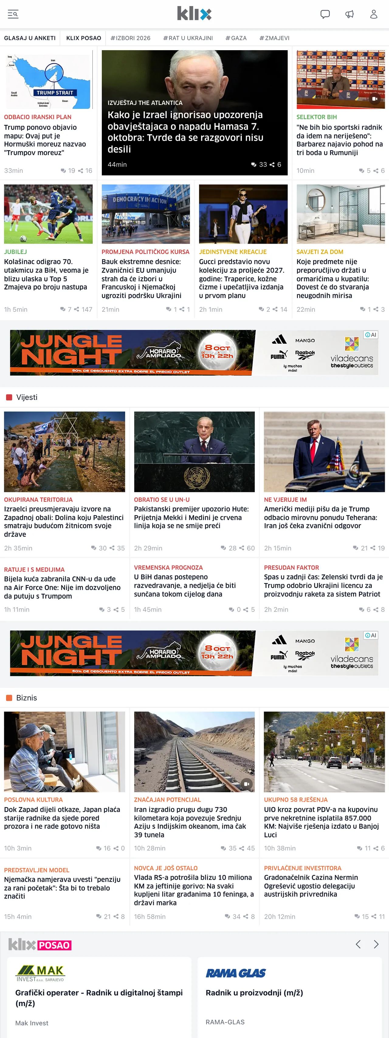 Screenshot of the Klix.ba front page