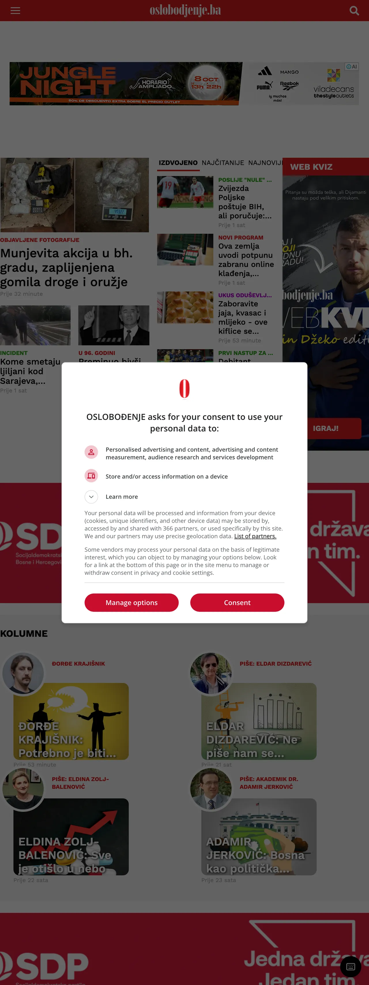 Screenshot of the Oslobođenje front page