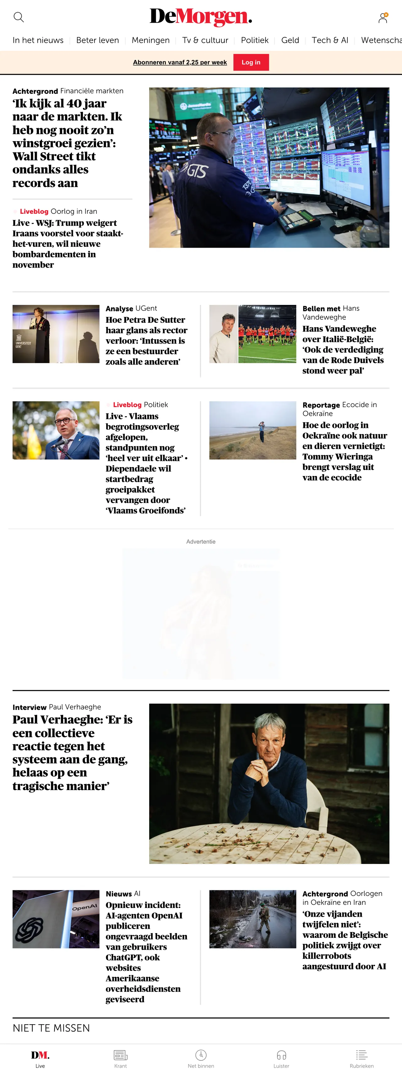 Screenshot of the De Morgen front page
