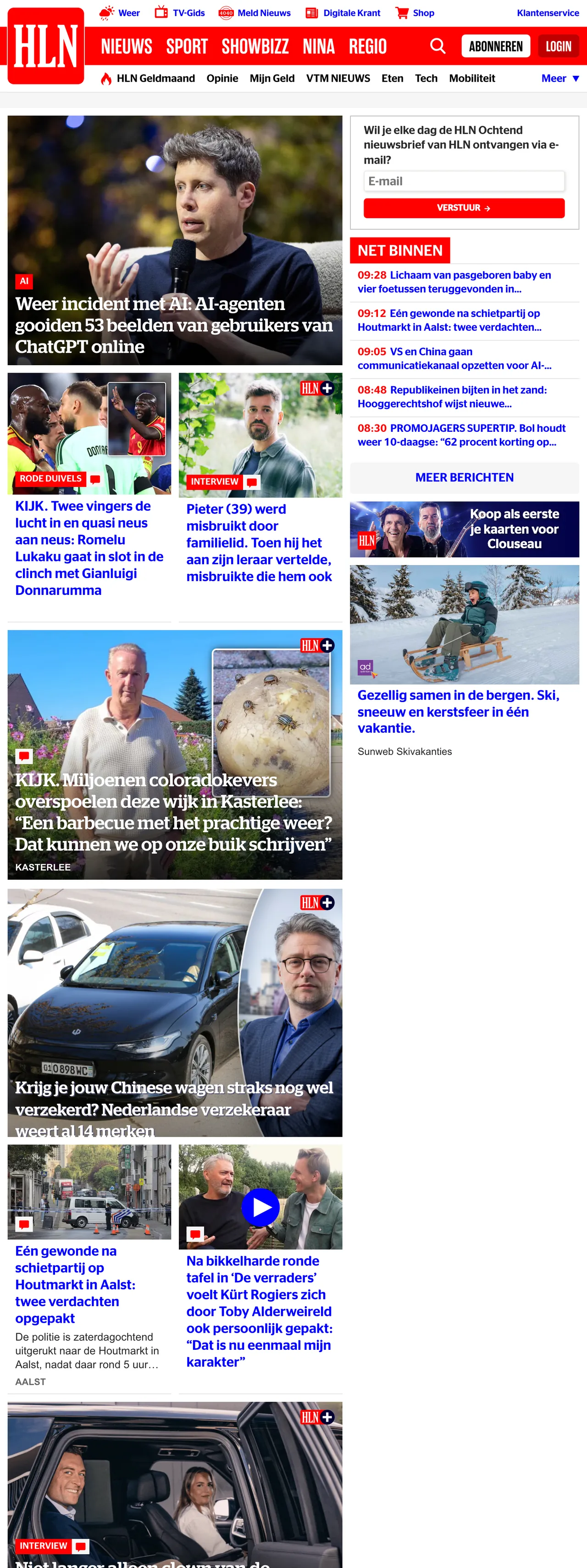 Screenshot of the HLN front page