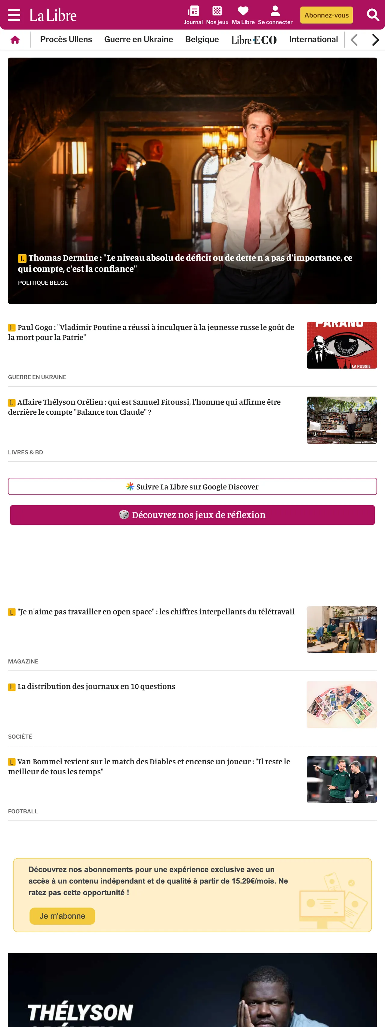 Screenshot of the La Libre front page