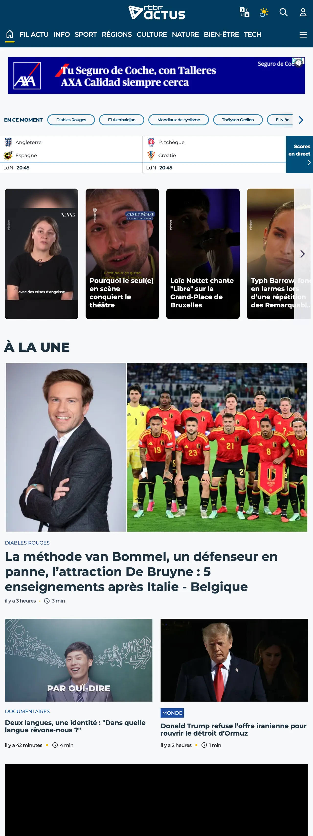 Screenshot of the RTBF front page