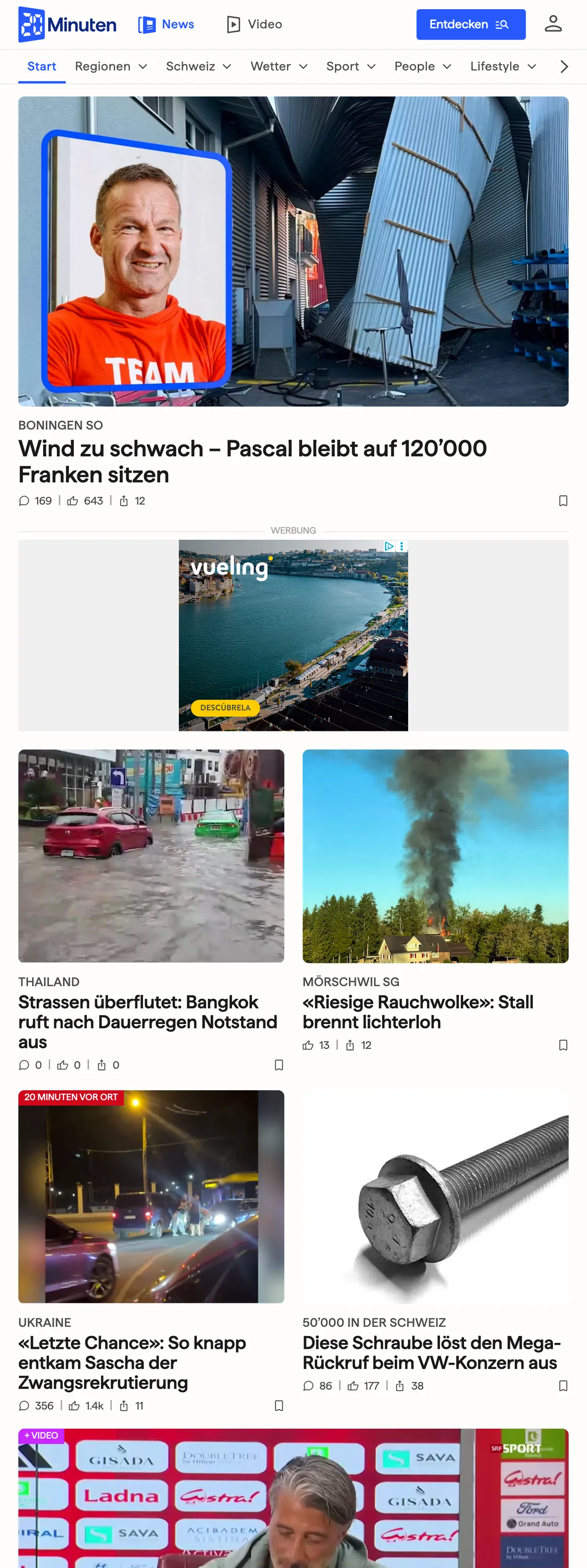 Screenshot of the 20 Minuten front page