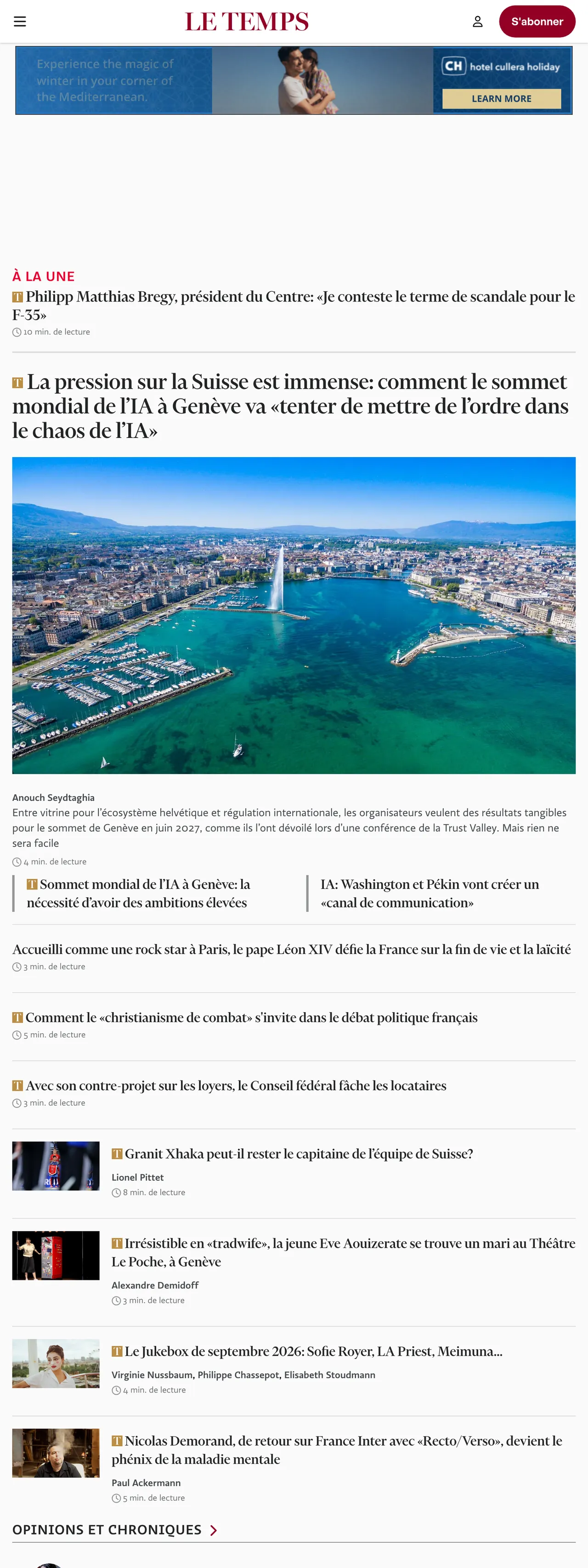 Screenshot of the Le Temps front page