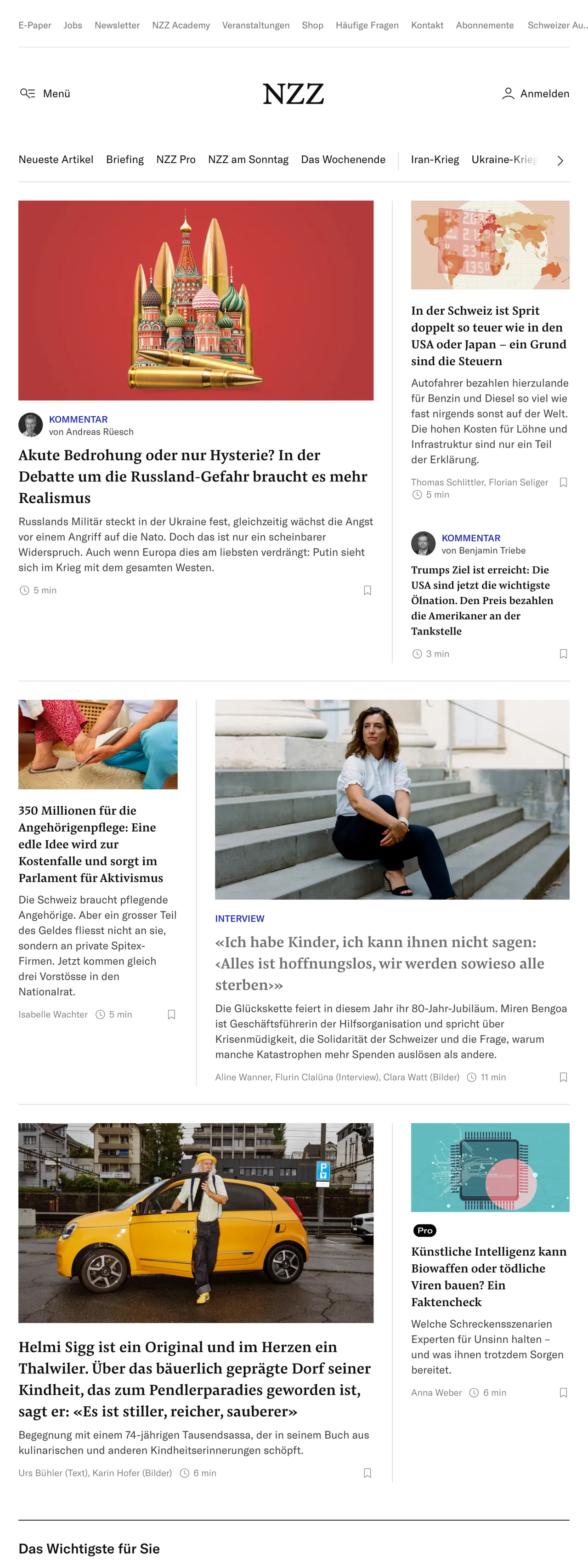 Screenshot of the Neue Zürcher Zeitung front page