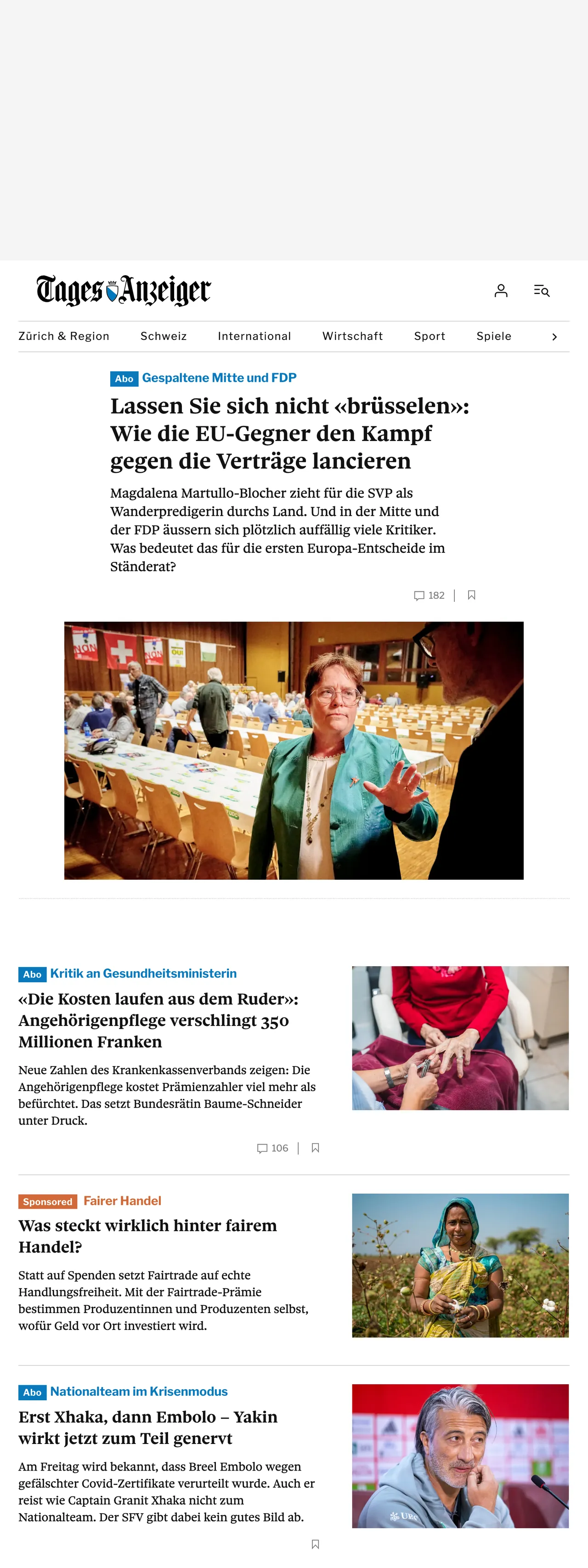 Screenshot of the Tages-Anzeiger front page