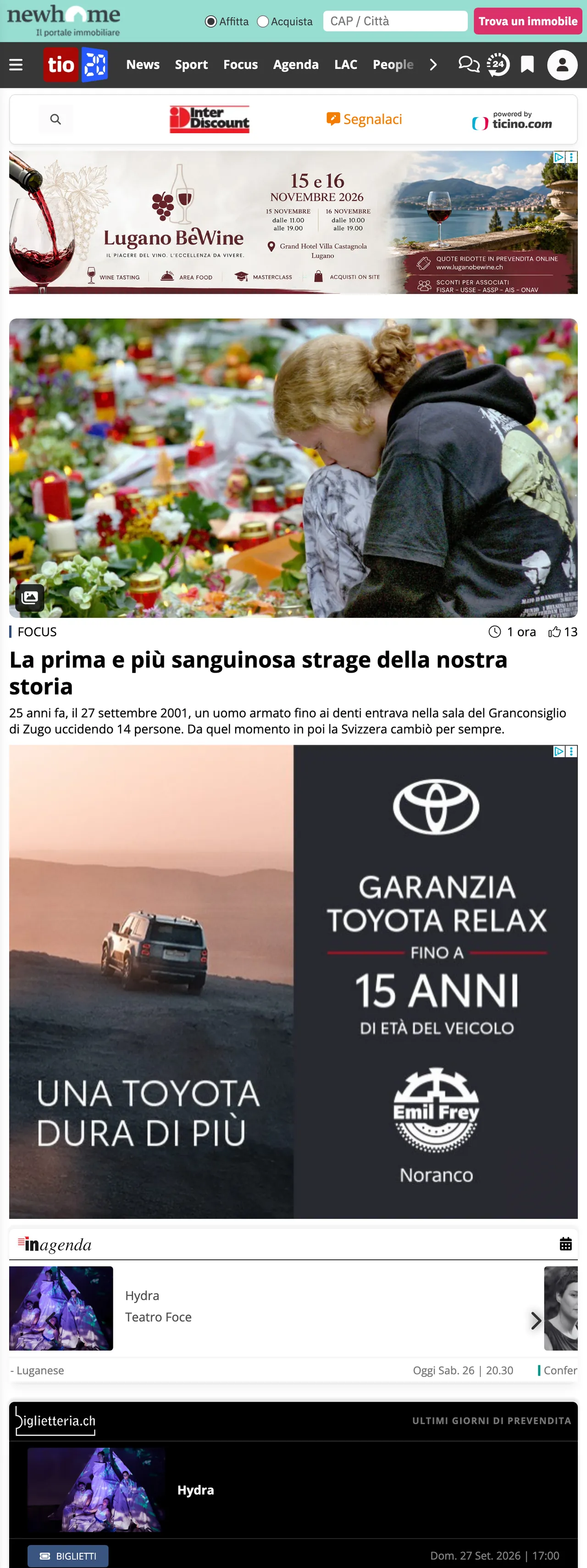 Screenshot of the Ticinonline front page