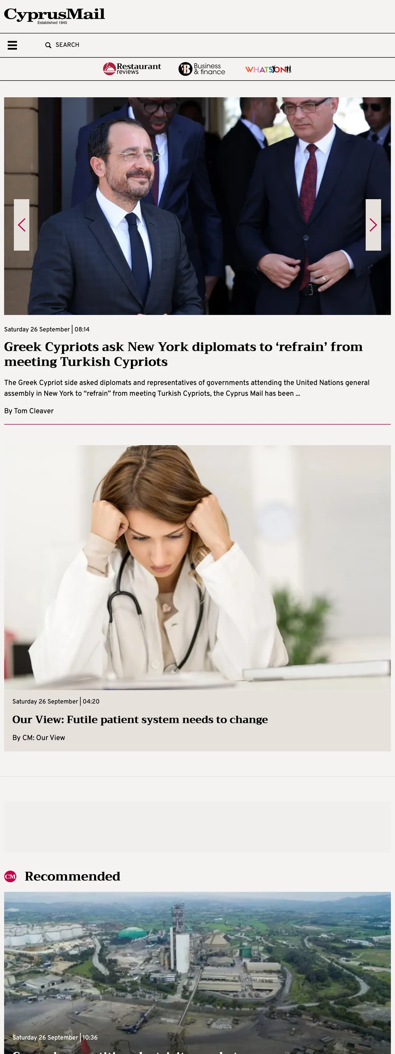 Screenshot of the Cyprus Mail front page