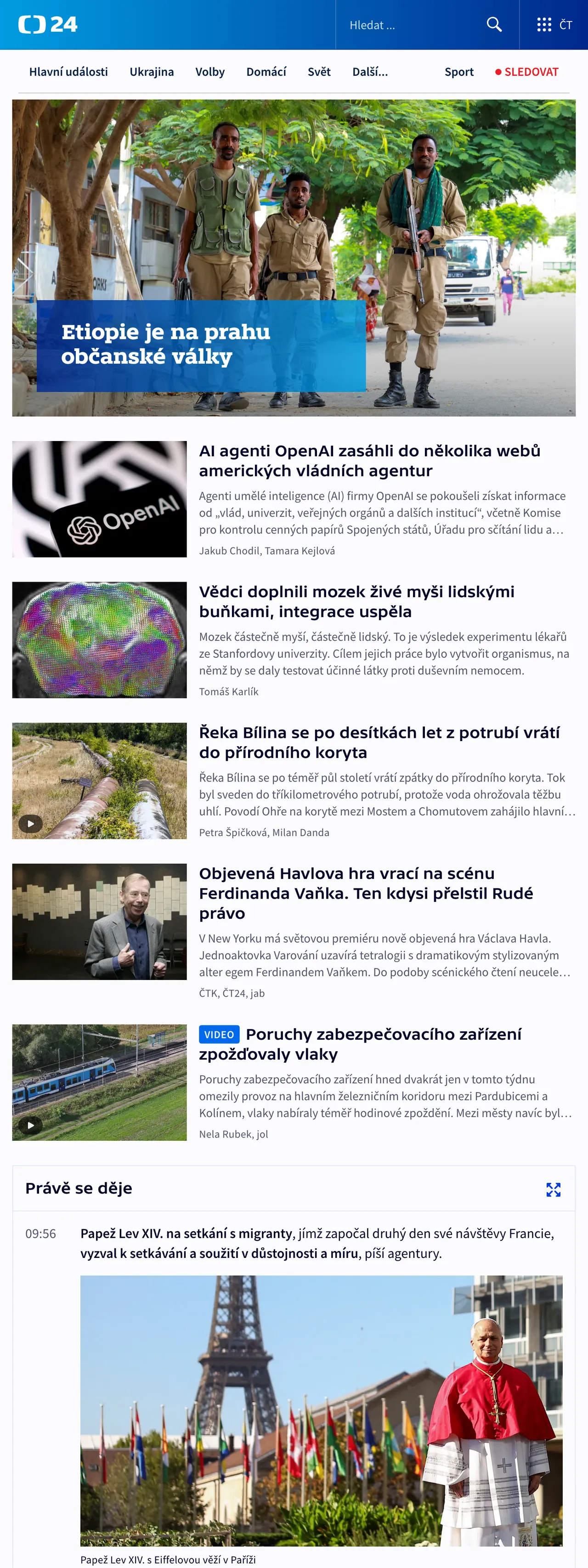 Screenshot of the ČT24 front page