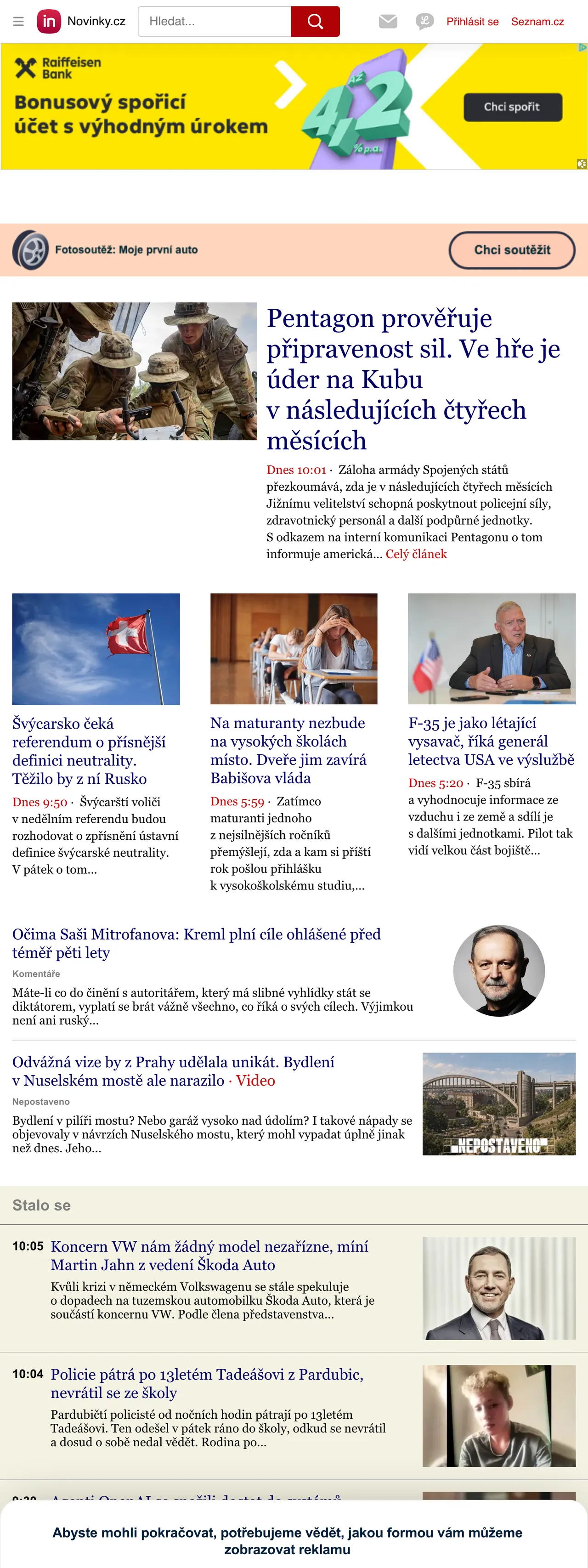 Screenshot of the Novinky.cz front page