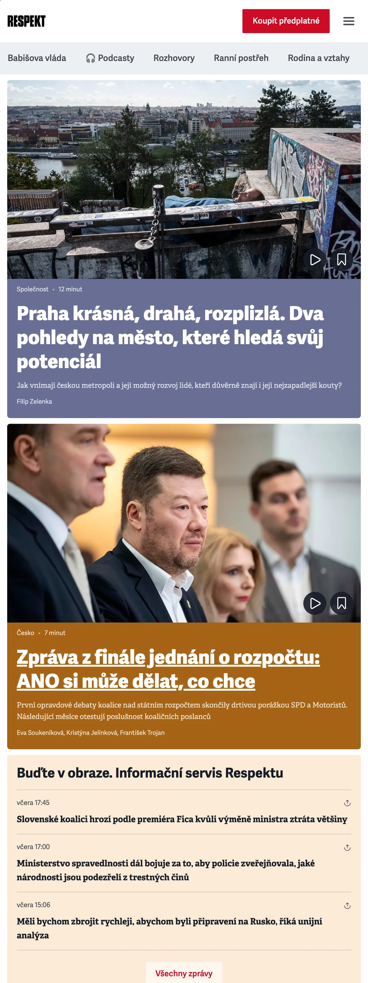 Screenshot of the Respekt front page