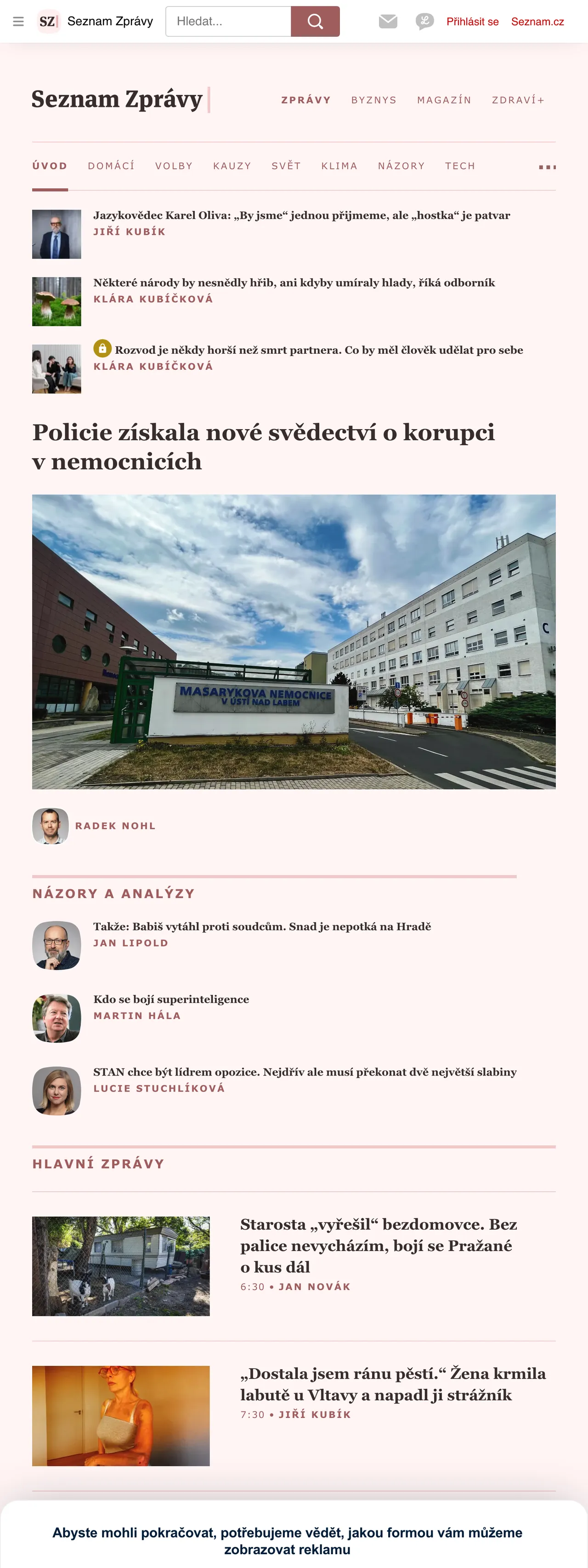Screenshot of the Seznam Zprávy front page