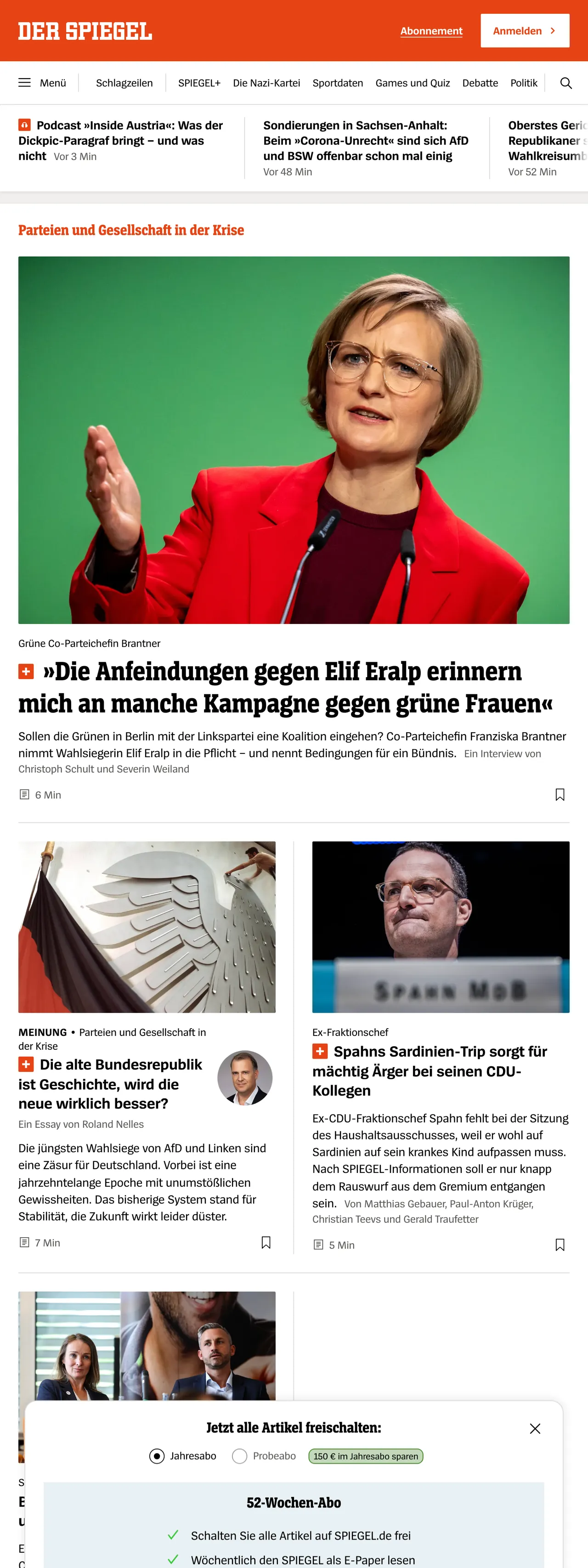 Screenshot of the DER SPIEGEL front page