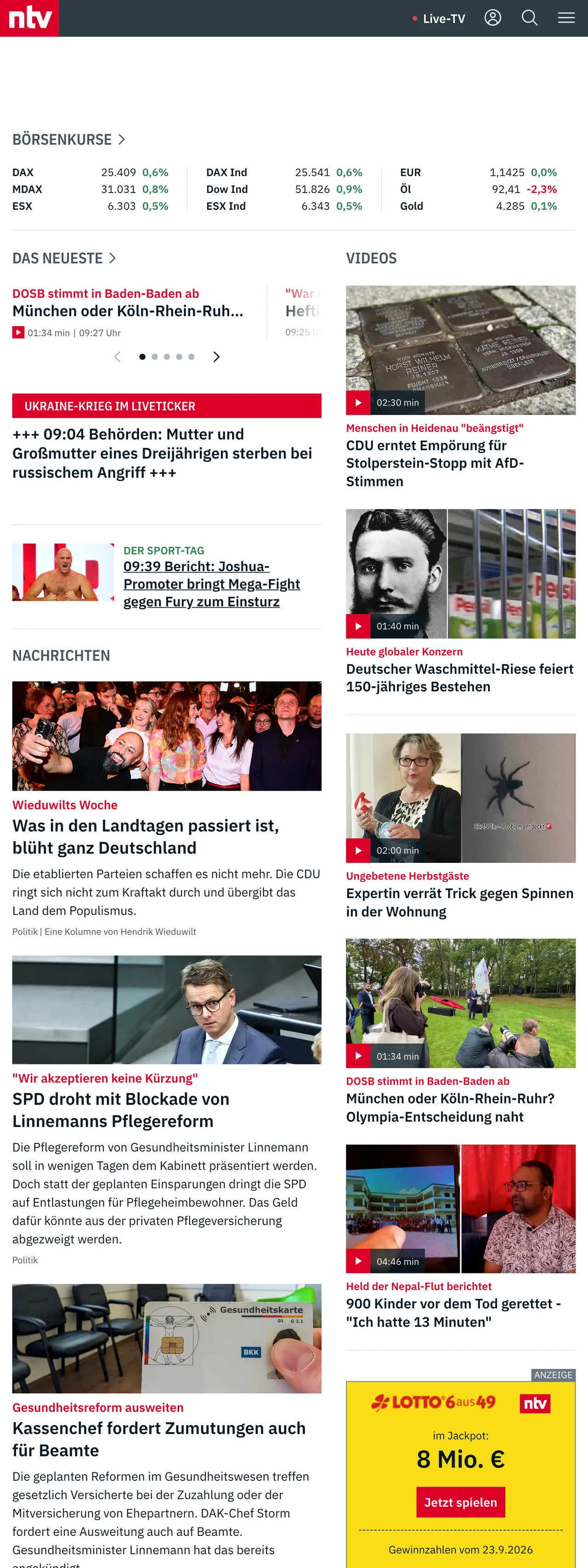 Screenshot of the n-tv front page