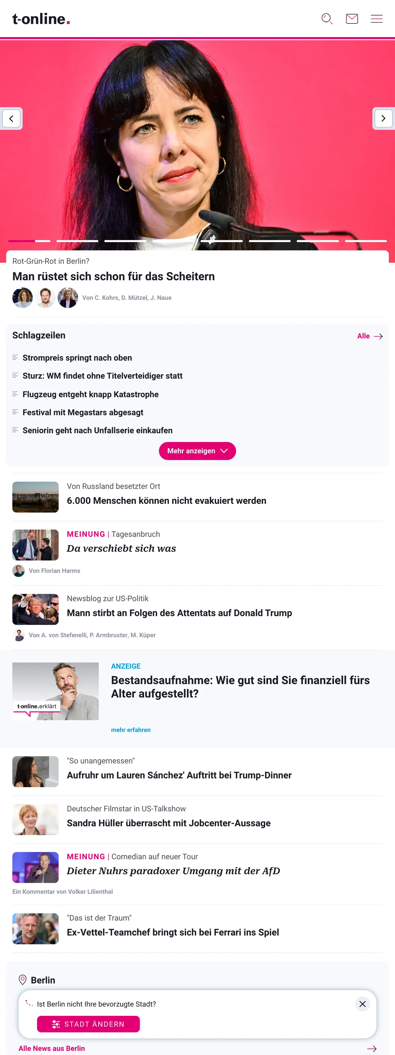 Screenshot of the t-online front page