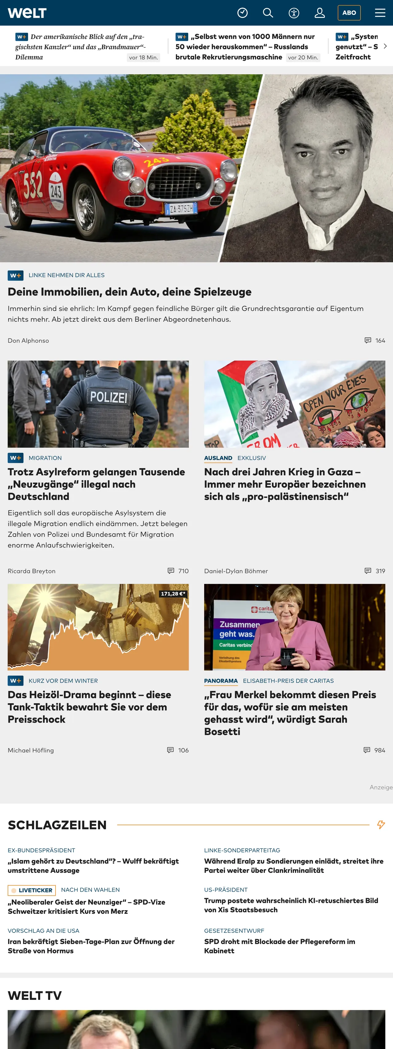 Screenshot of the WELT front page