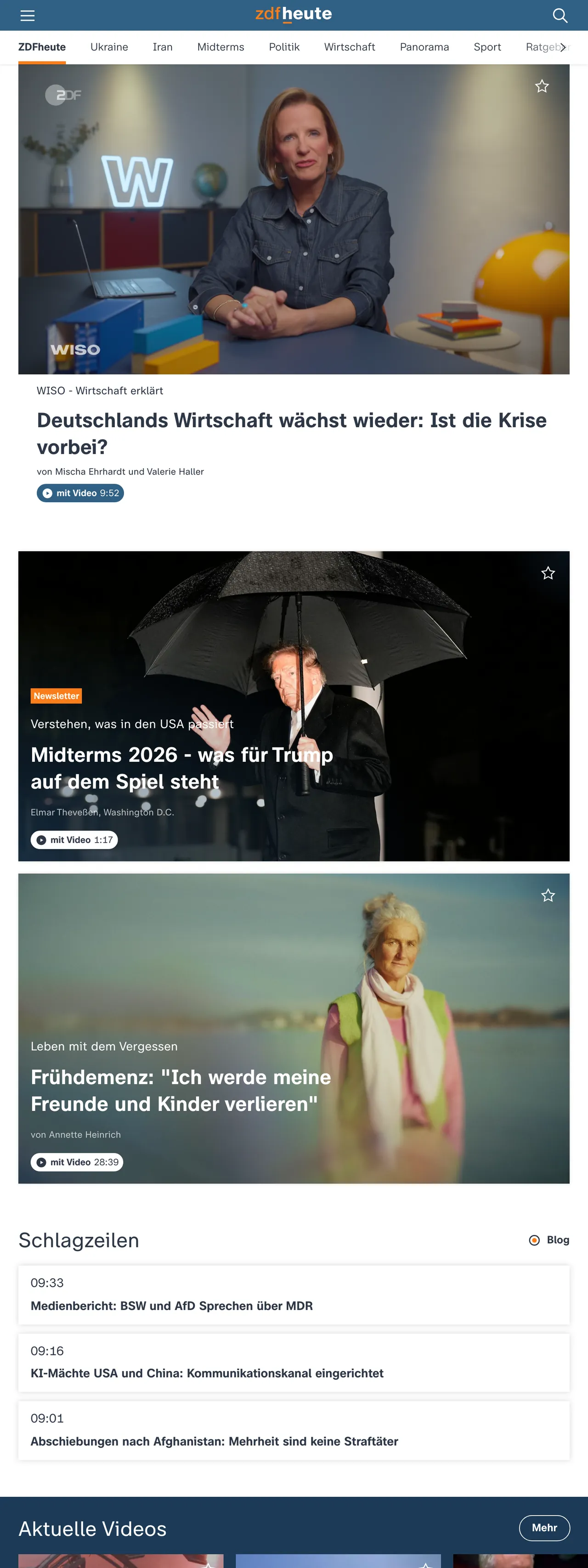 Screenshot of the ZDFheute front page