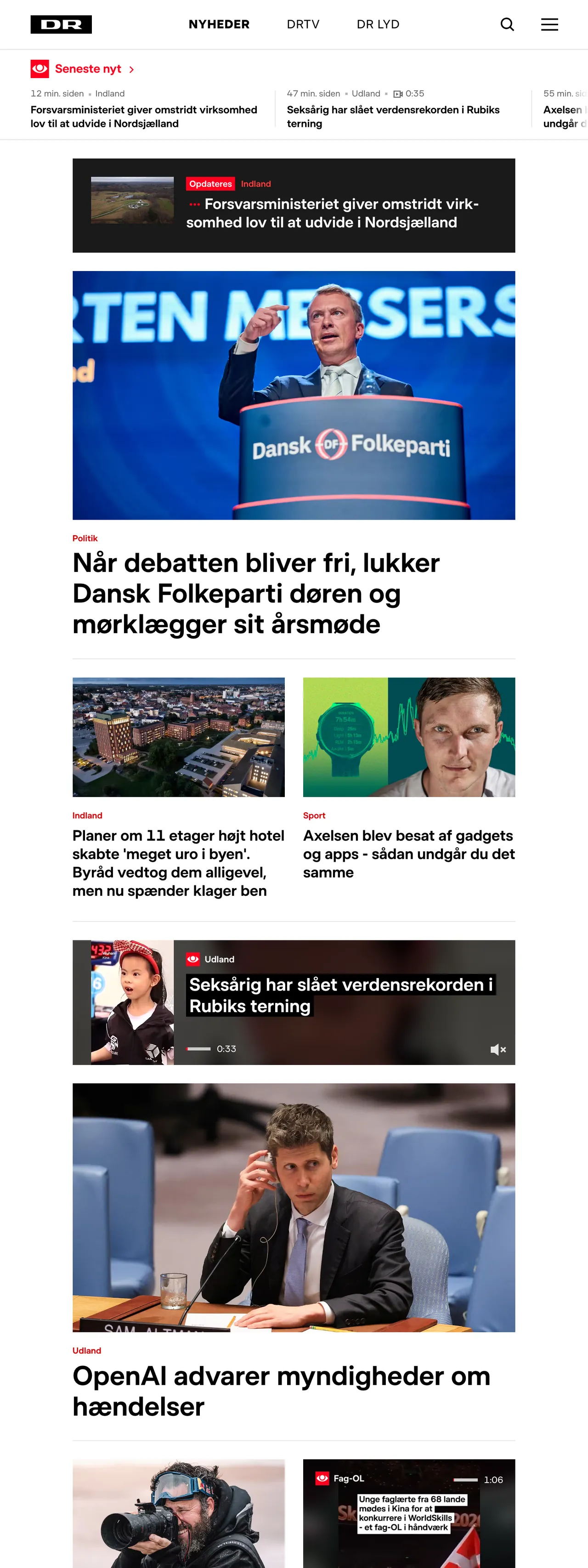 Screenshot of the DR front page