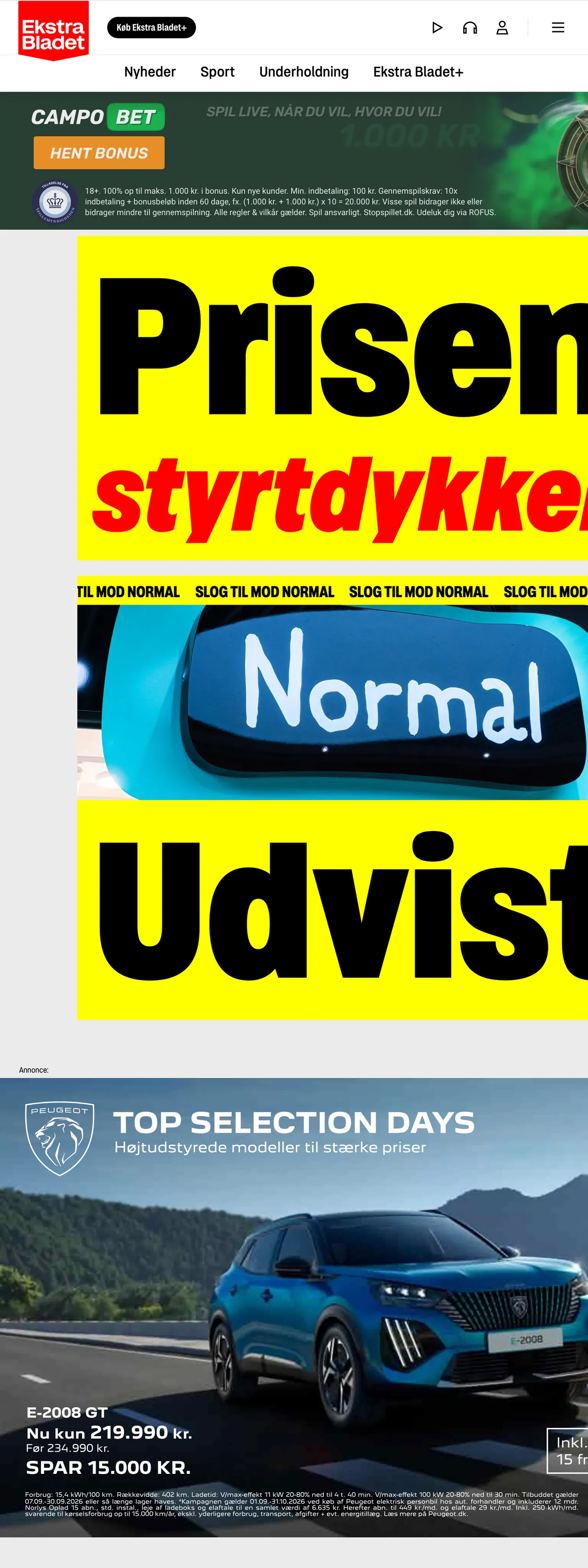 Screenshot of the Ekstra Bladet front page