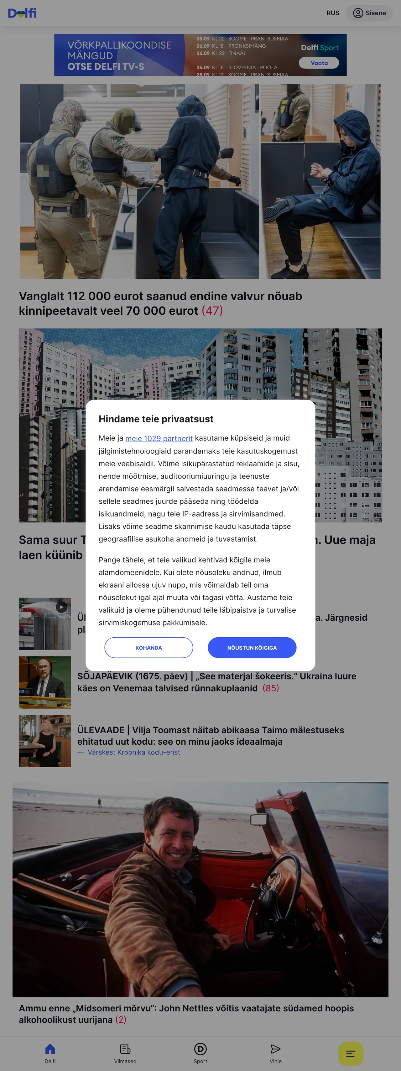 Screenshot of the Delfi front page