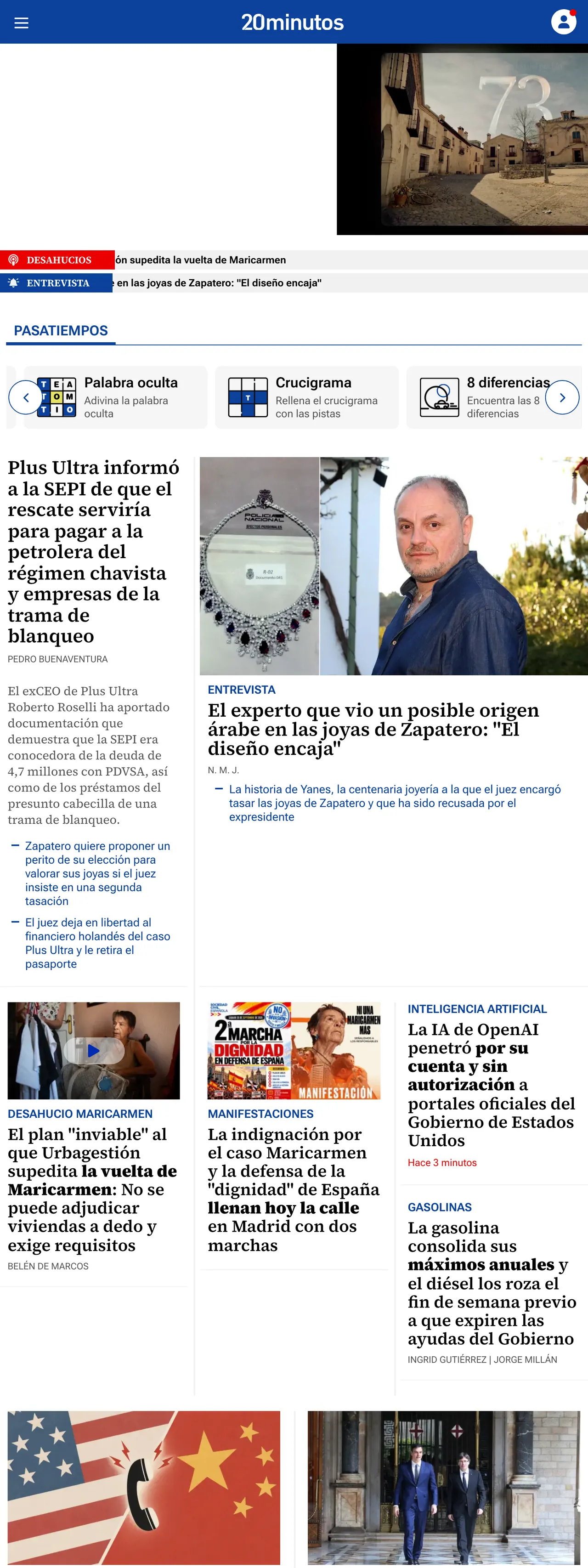 Screenshot of the 20minutos front page