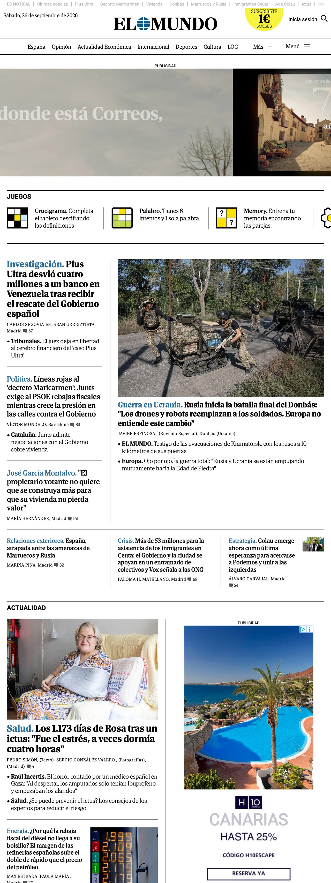 Screenshot of the El Mundo front page