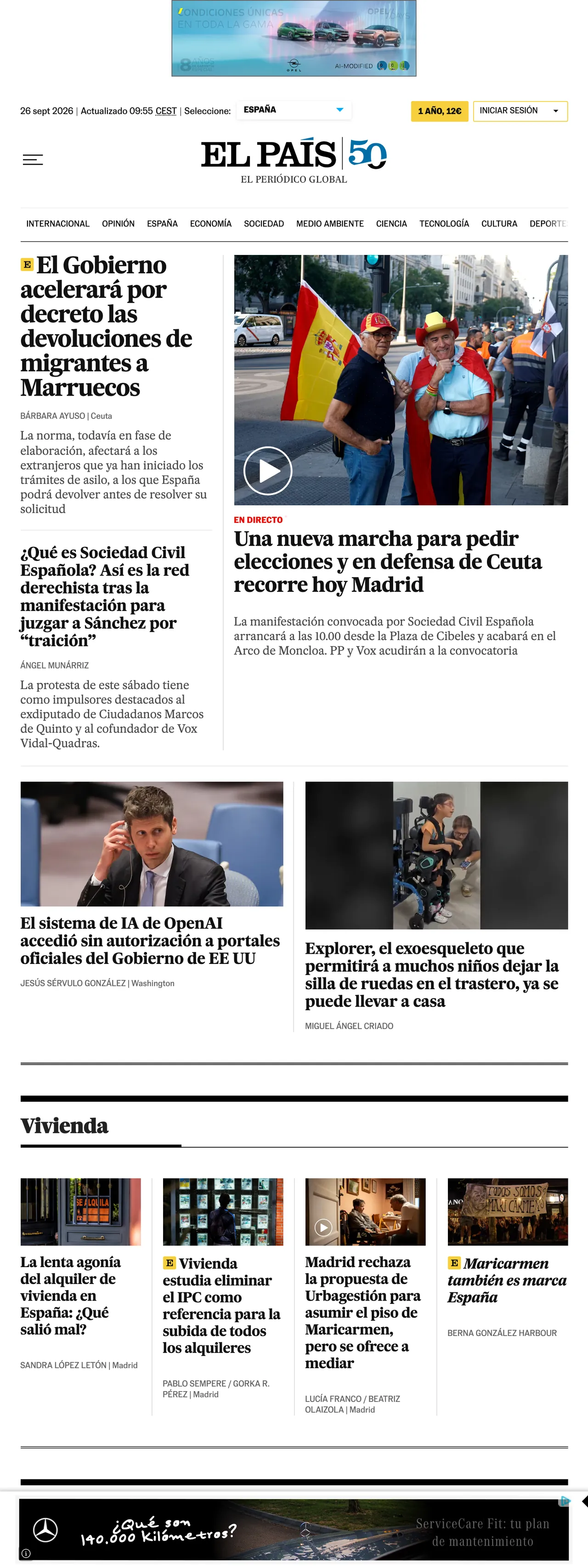 Screenshot of the EL PAÍS front page
