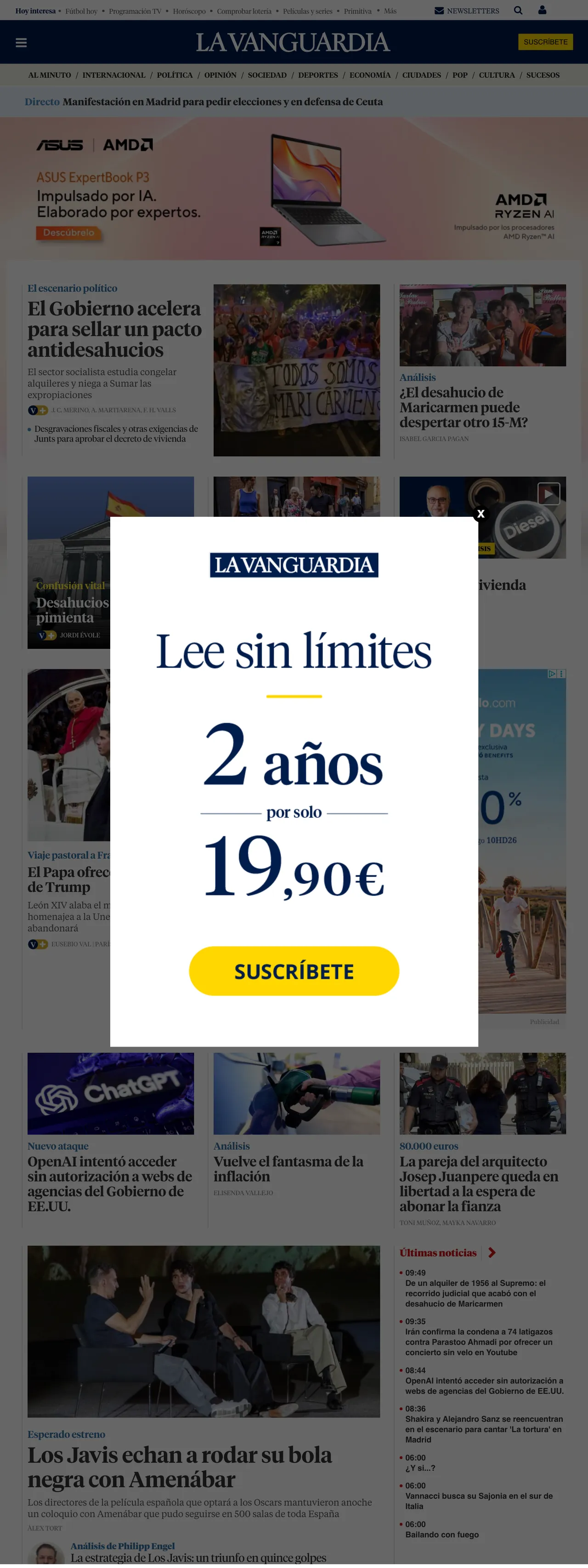 Screenshot of the La Vanguardia front page