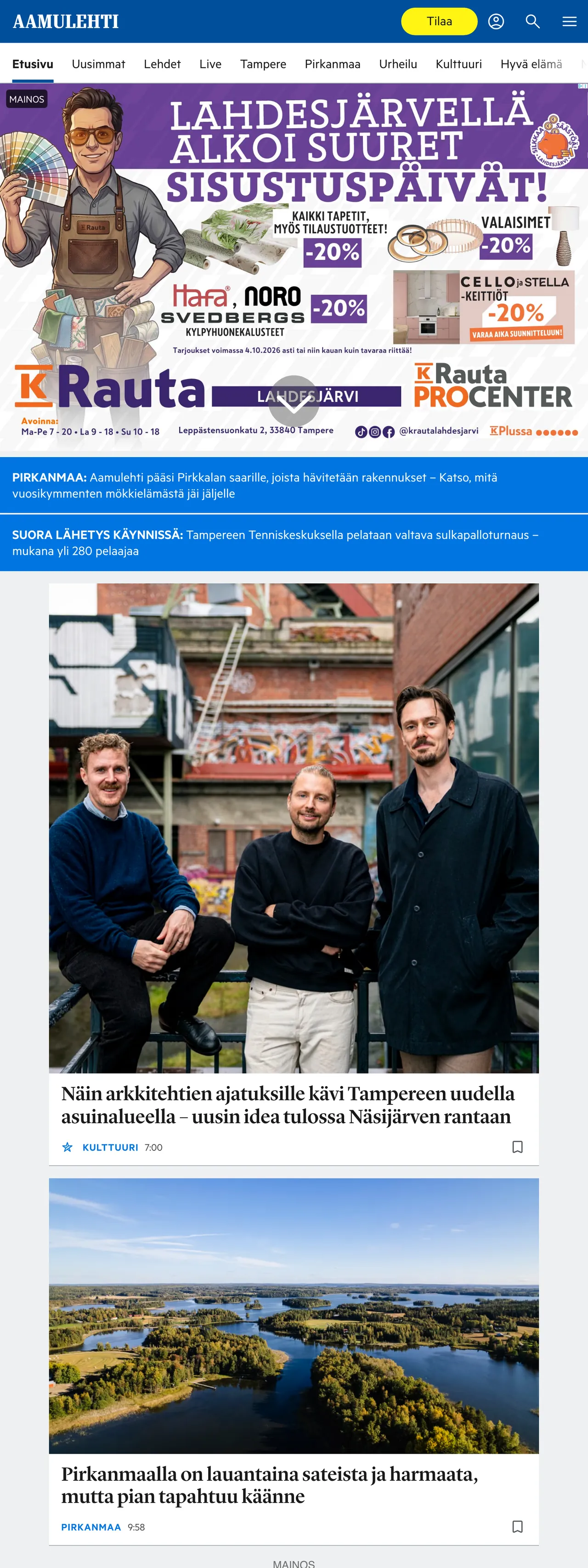 Screenshot of the Aamulehti front page