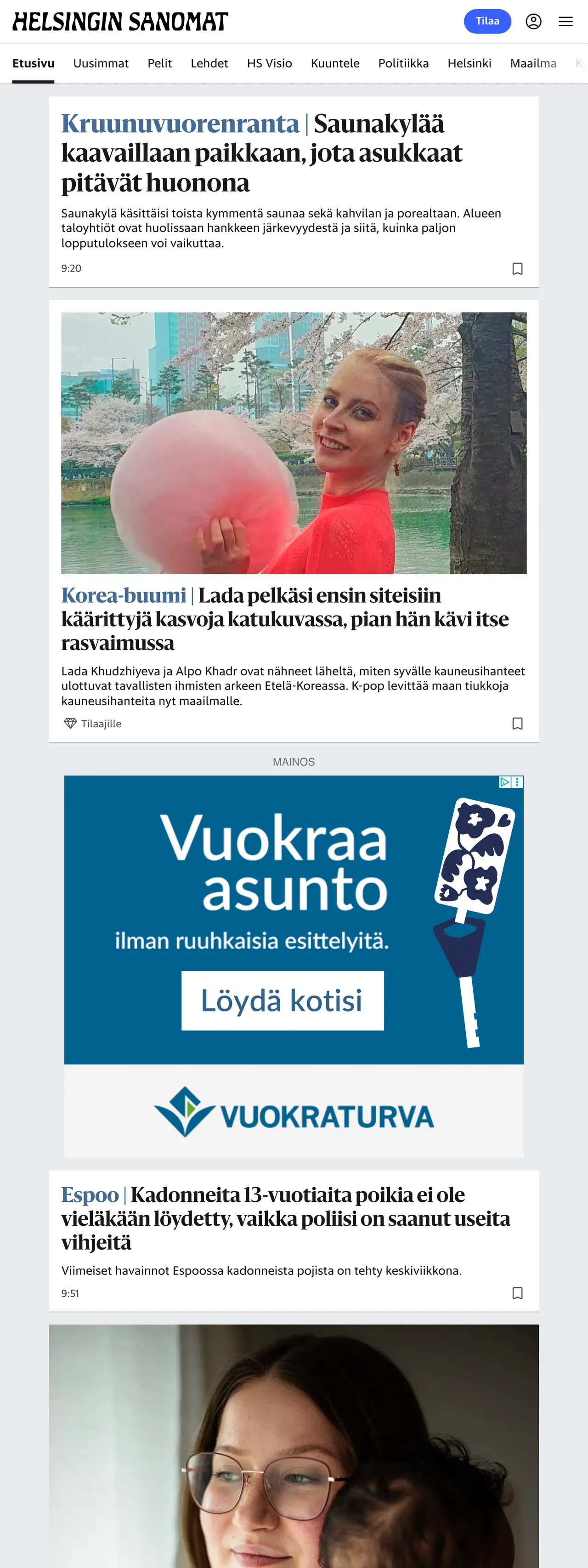 Screenshot of the Helsingin Sanomat front page