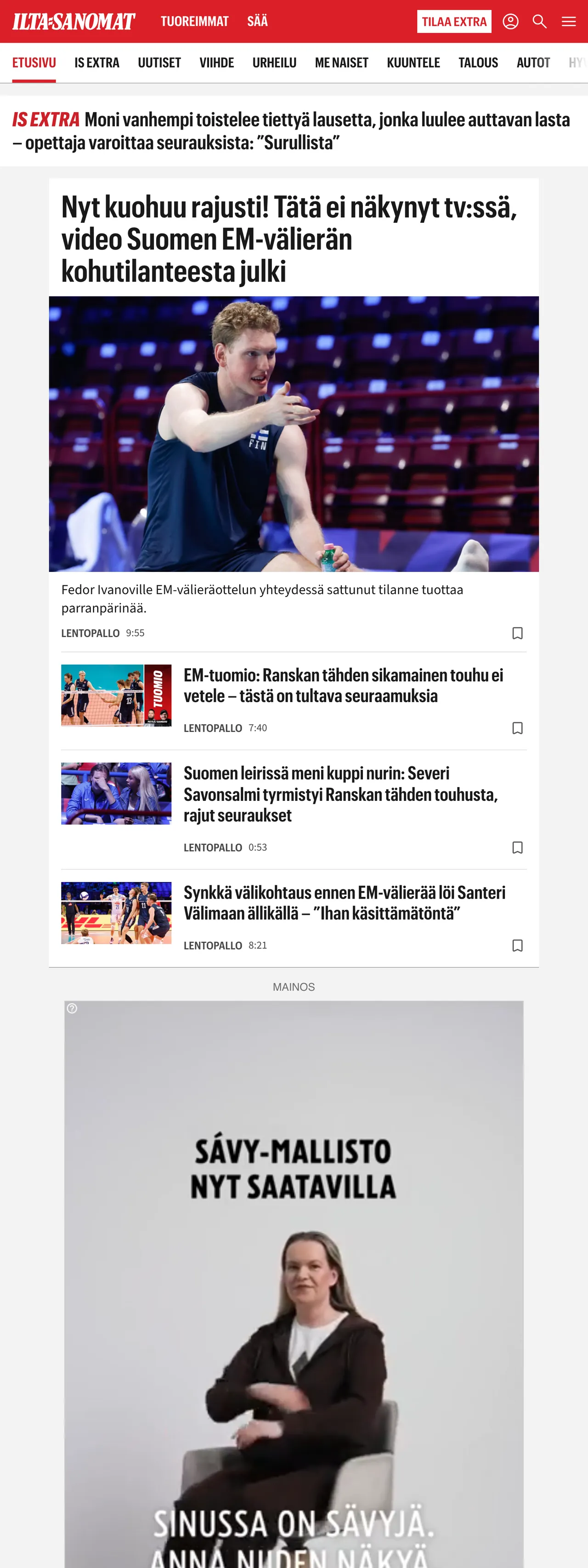 Screenshot of the Ilta-Sanomat front page