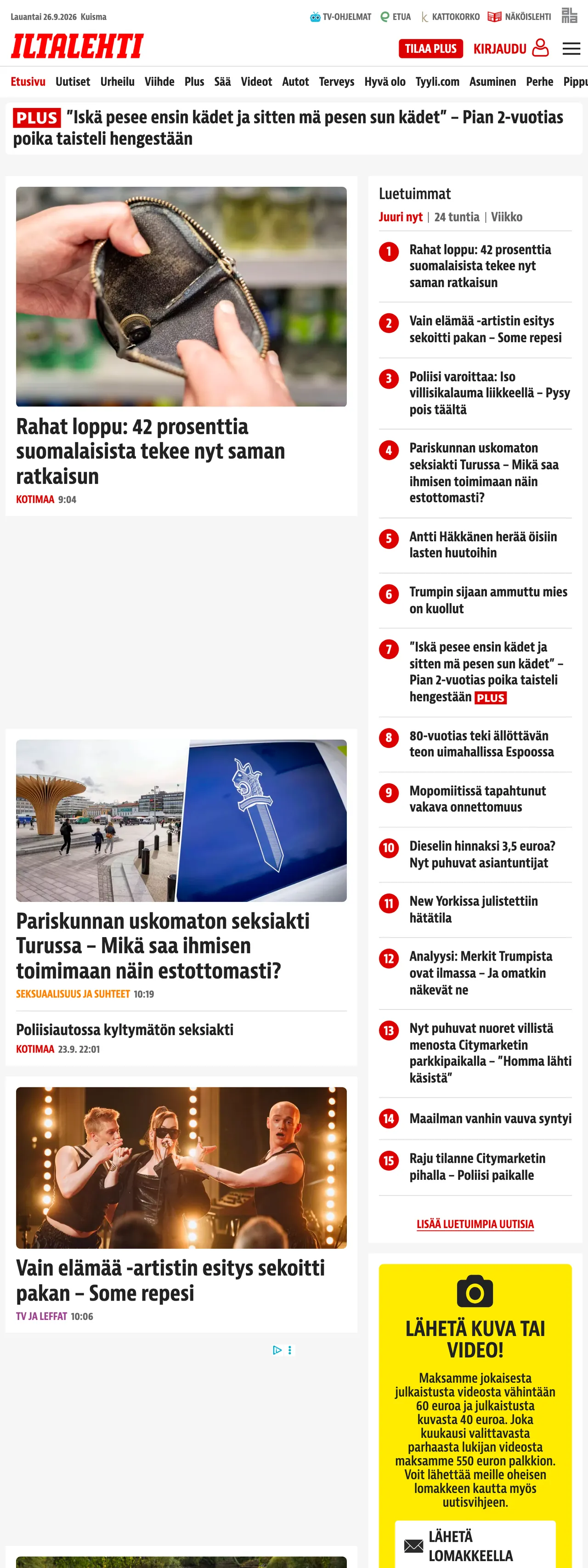Screenshot of the Iltalehti front page