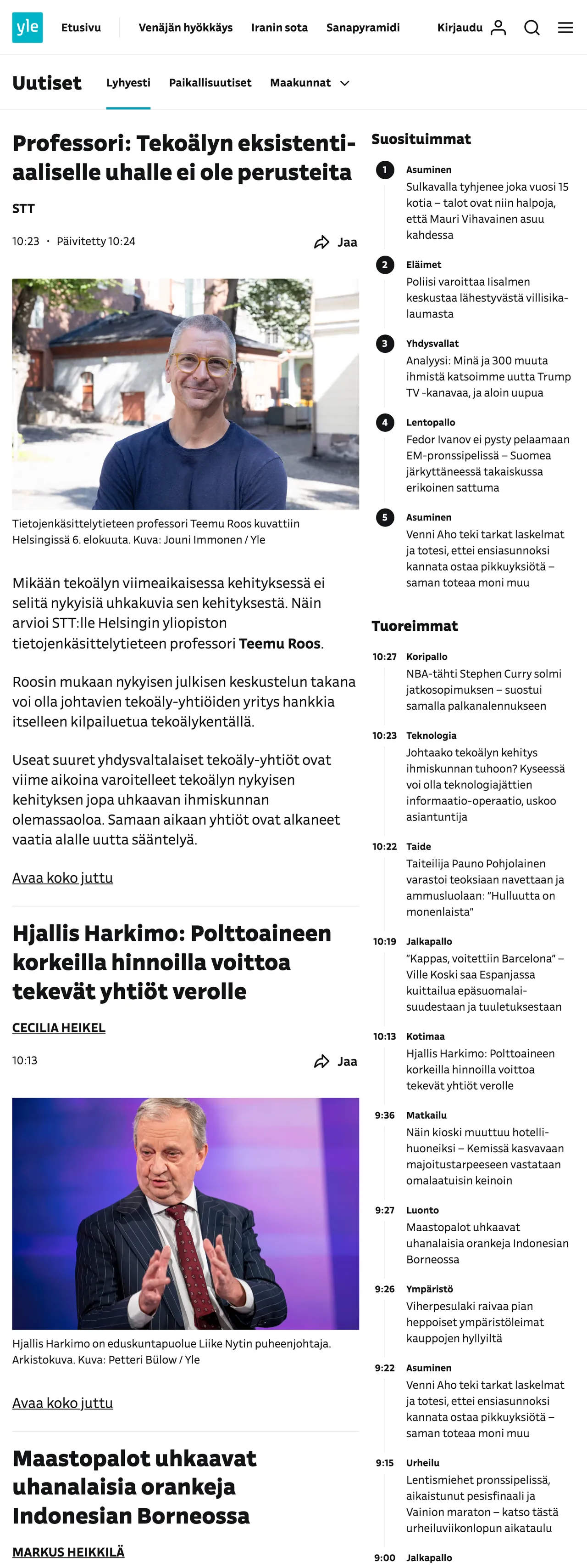 Screenshot of the Yle front page