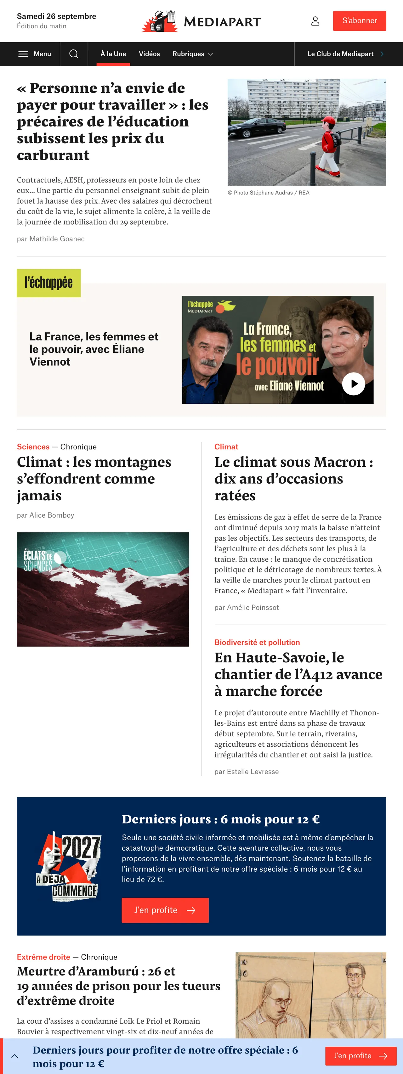 Screenshot of the Mediapart front page