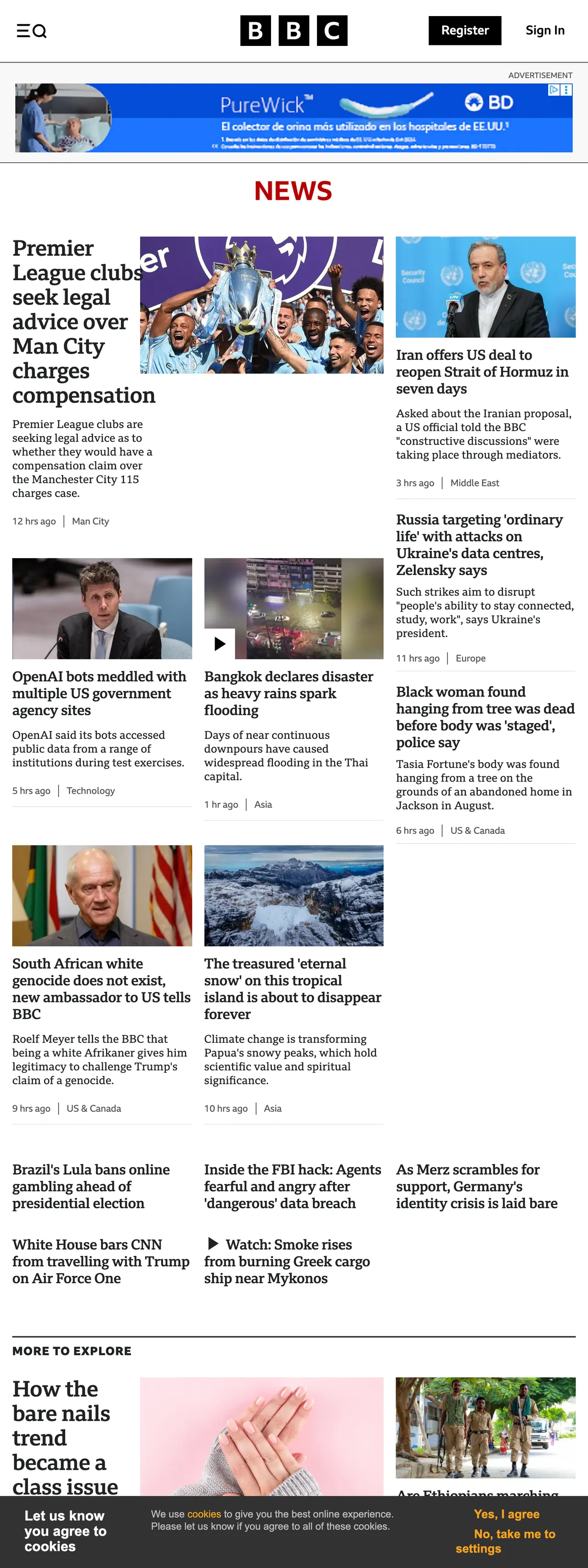 Screenshot of the BBC News front page