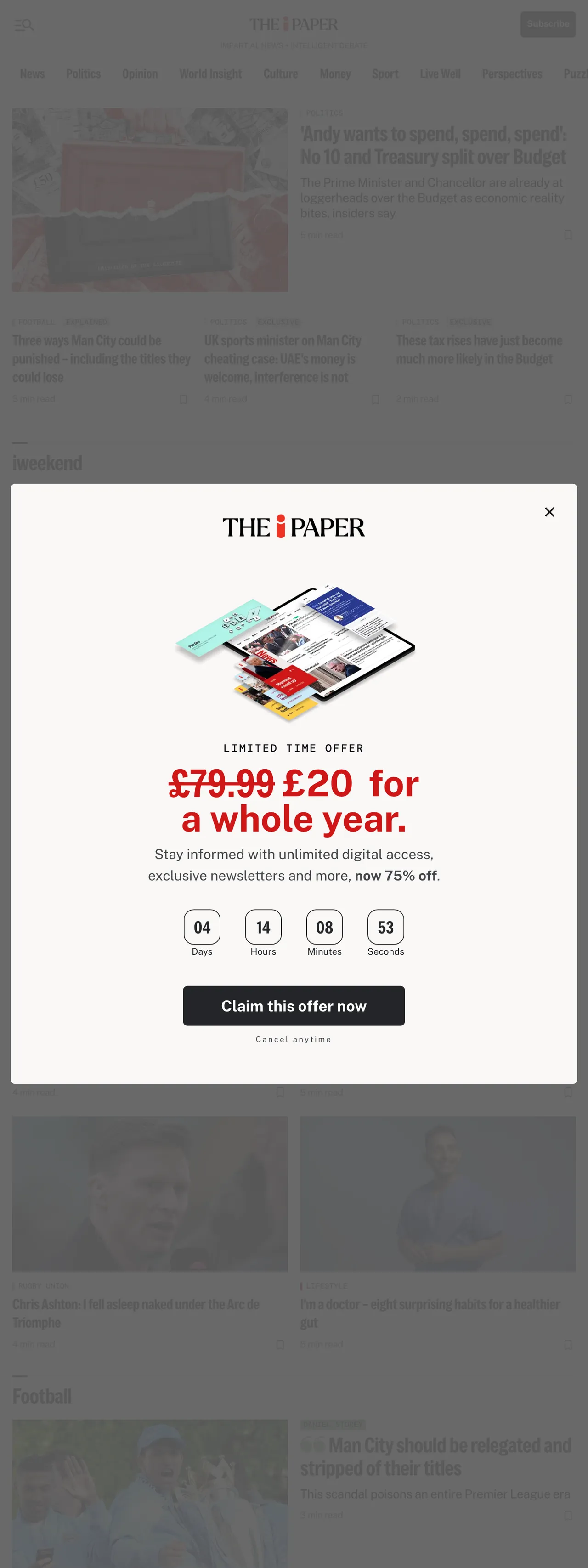 Screenshot of the The i Paper front page