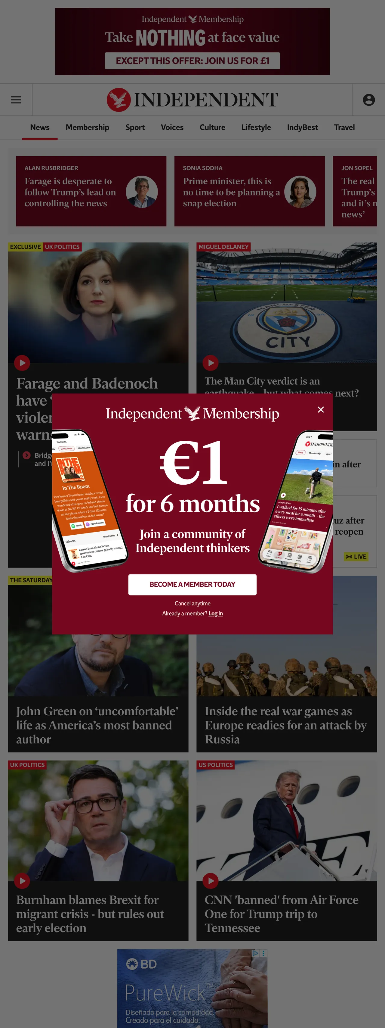 Screenshot of the The Independent front page