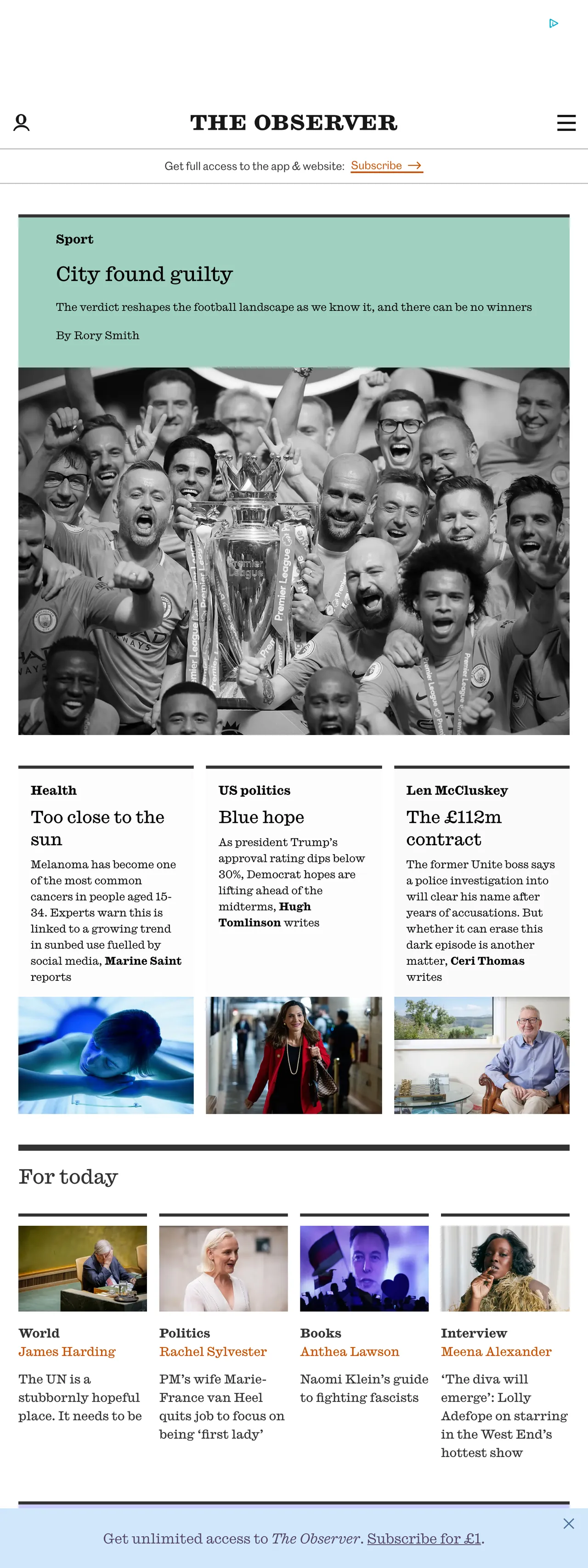 Screenshot of the The Observer front page