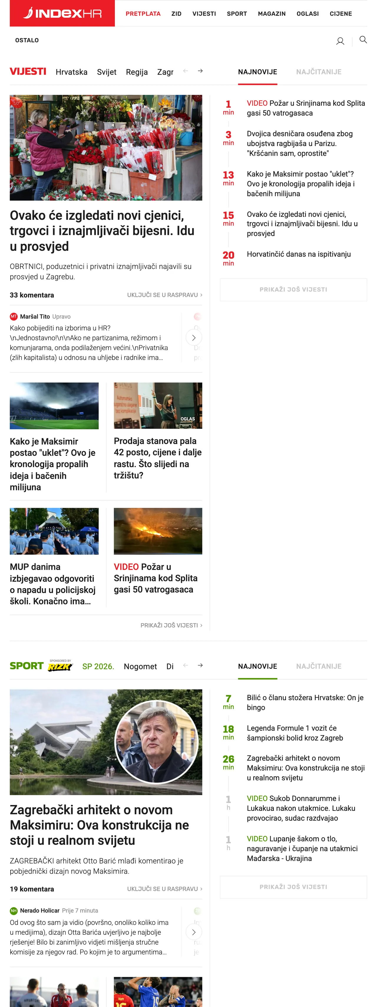 Screenshot of the Index.hr front page