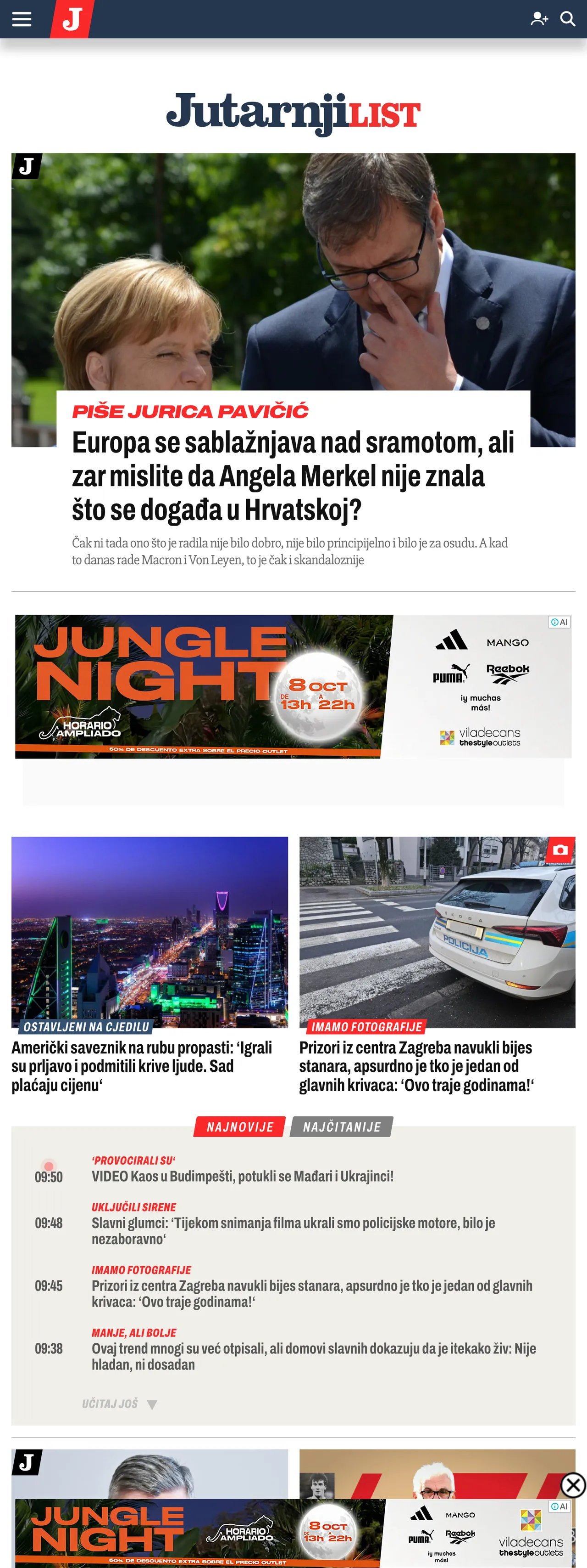 Screenshot of the Jutarnji list front page