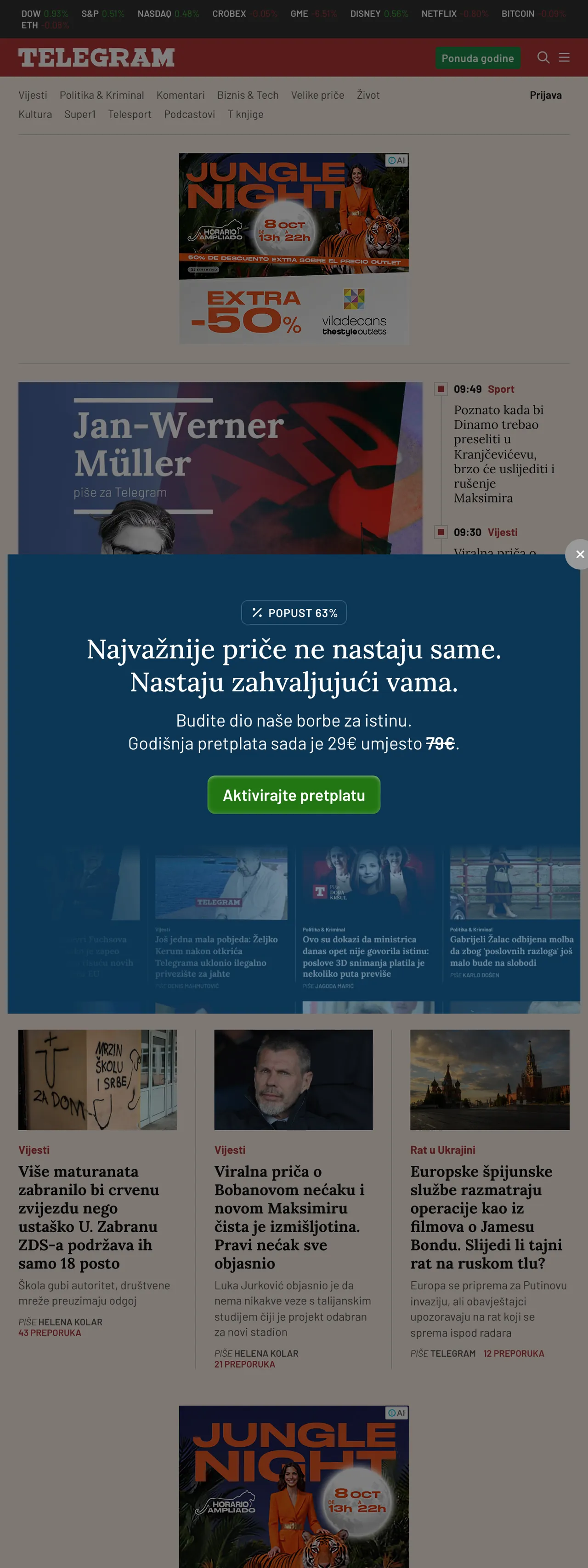 Screenshot of the Telegram.hr front page