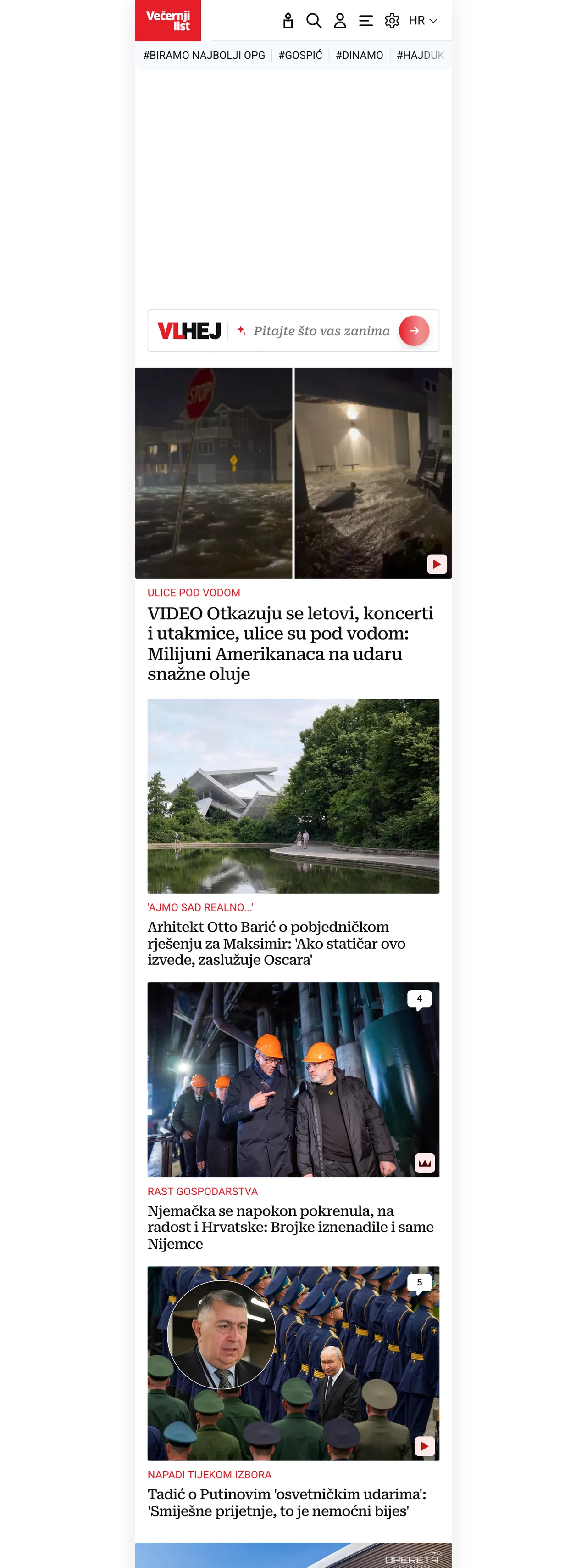 Screenshot of the Večernji list front page