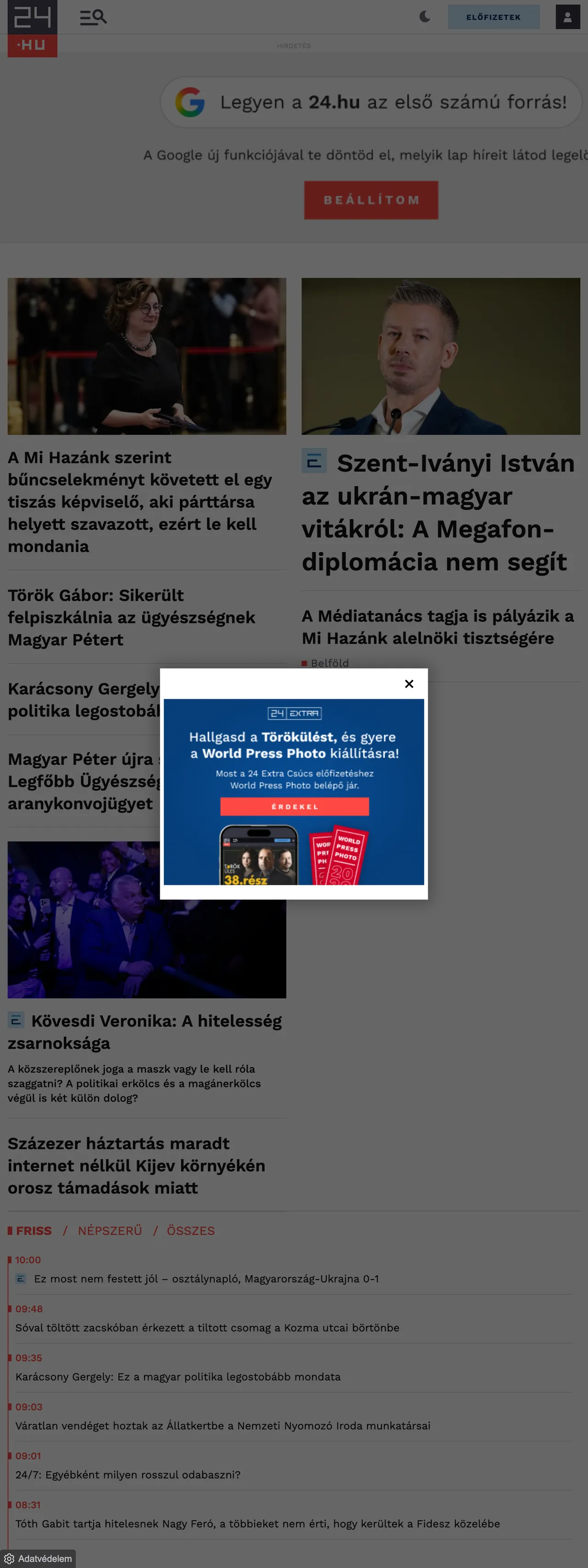 Screenshot of the 24.hu front page