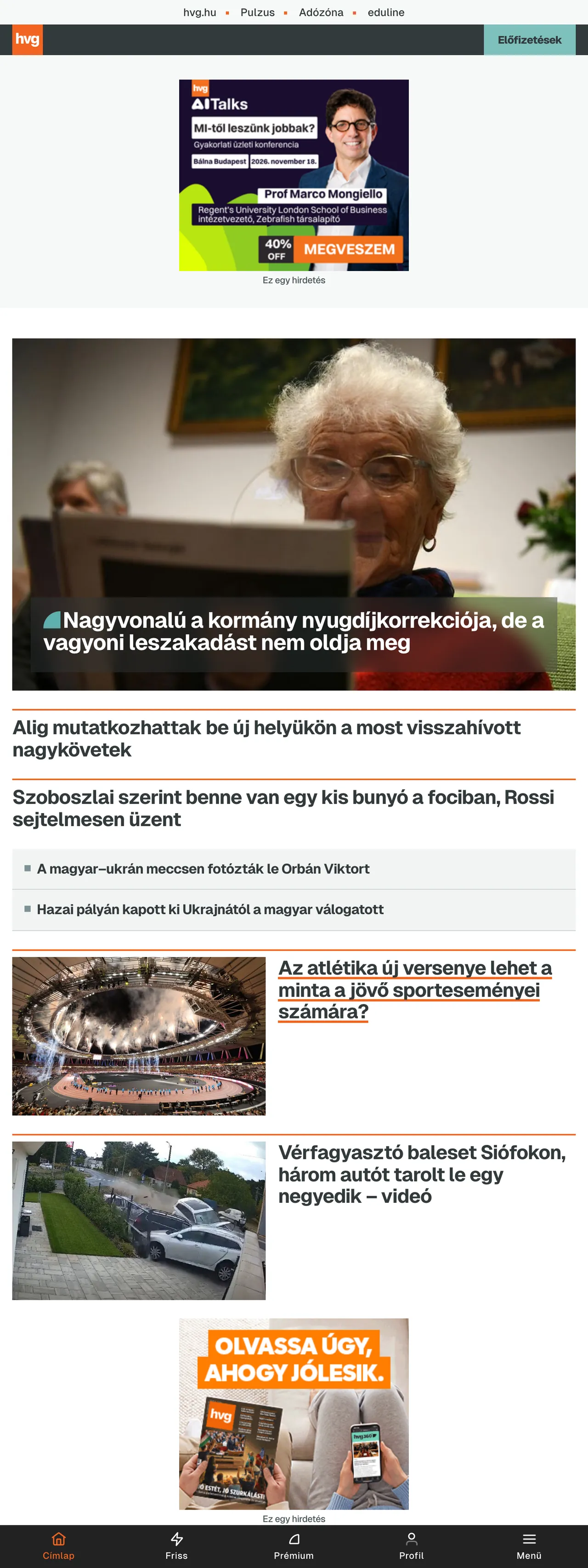 Screenshot of the HVG front page