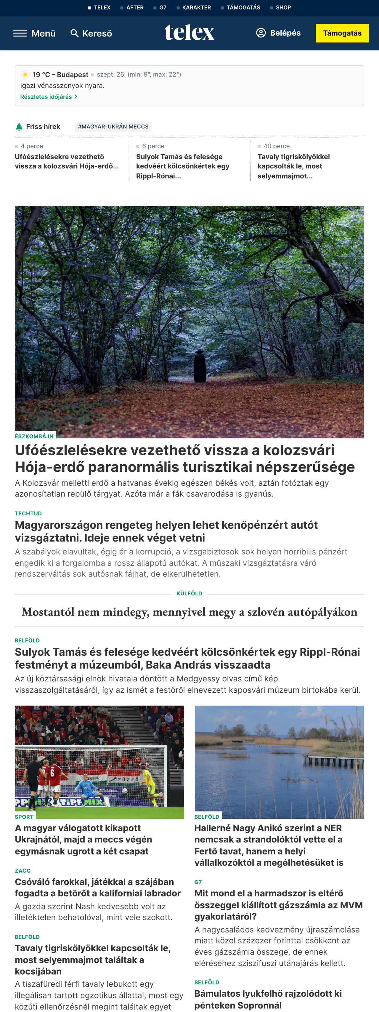 Screenshot of the Telex front page