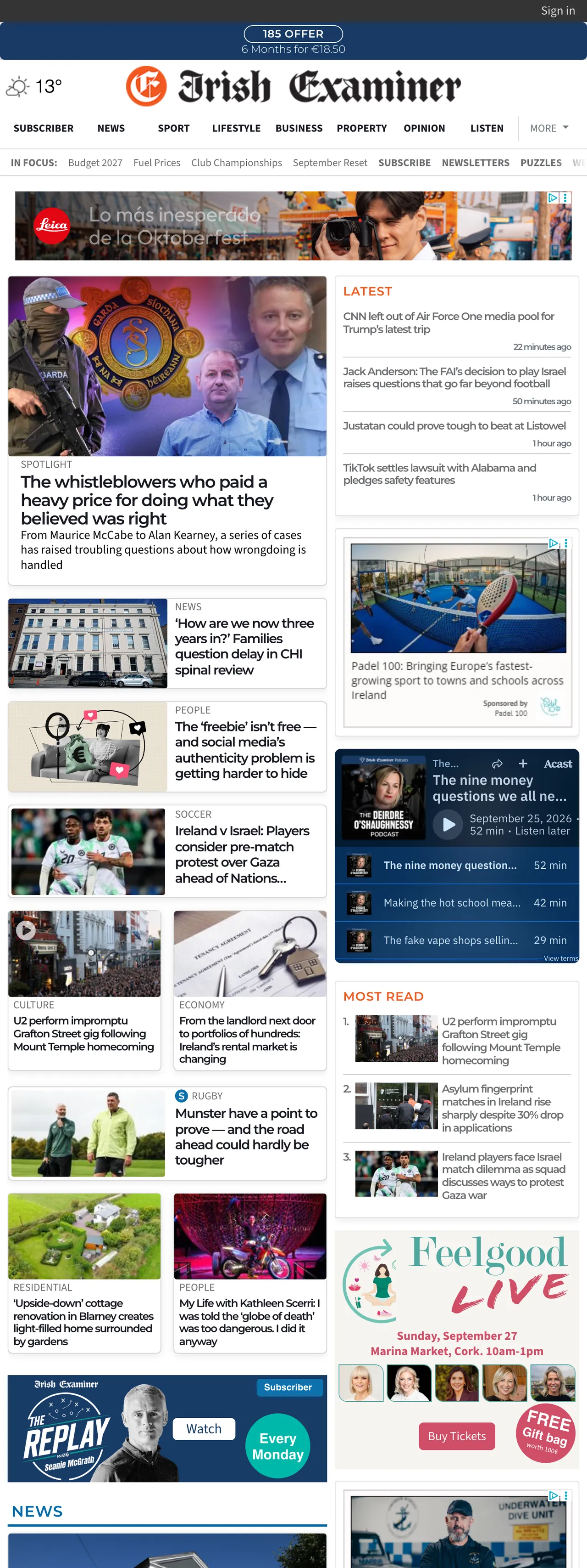 Screenshot of the Irish Examiner front page