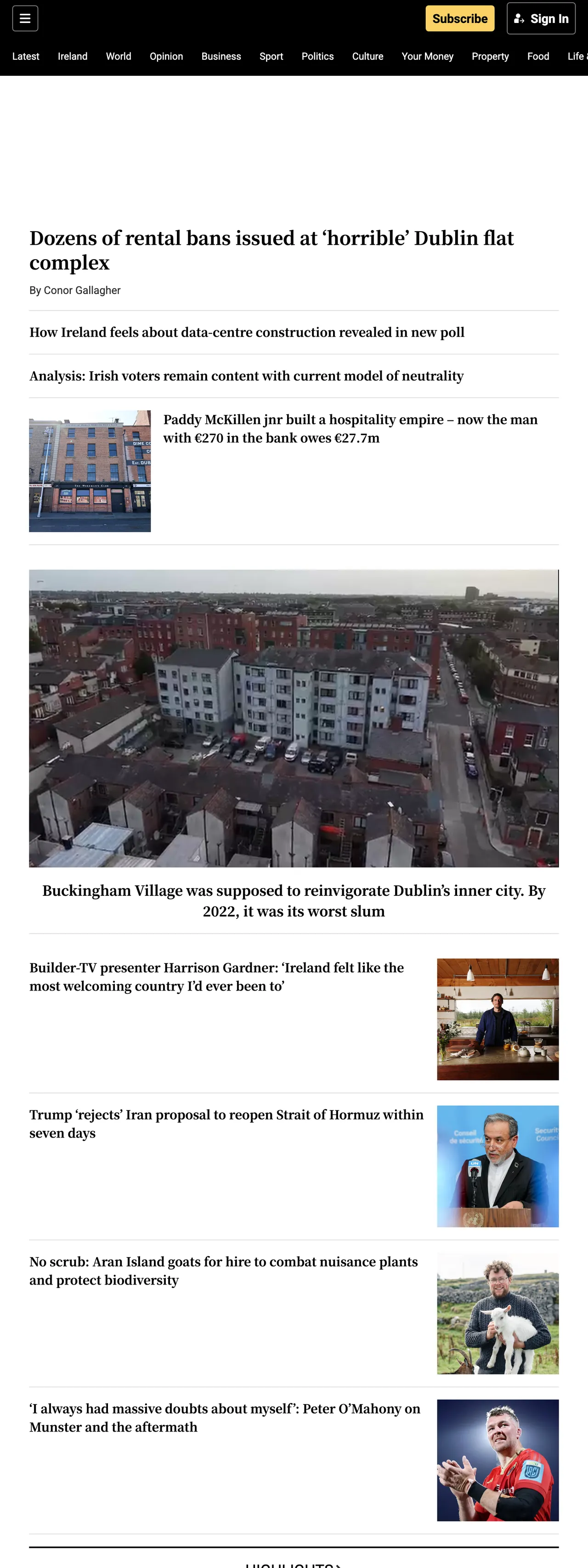 Screenshot of the The Irish Times front page
