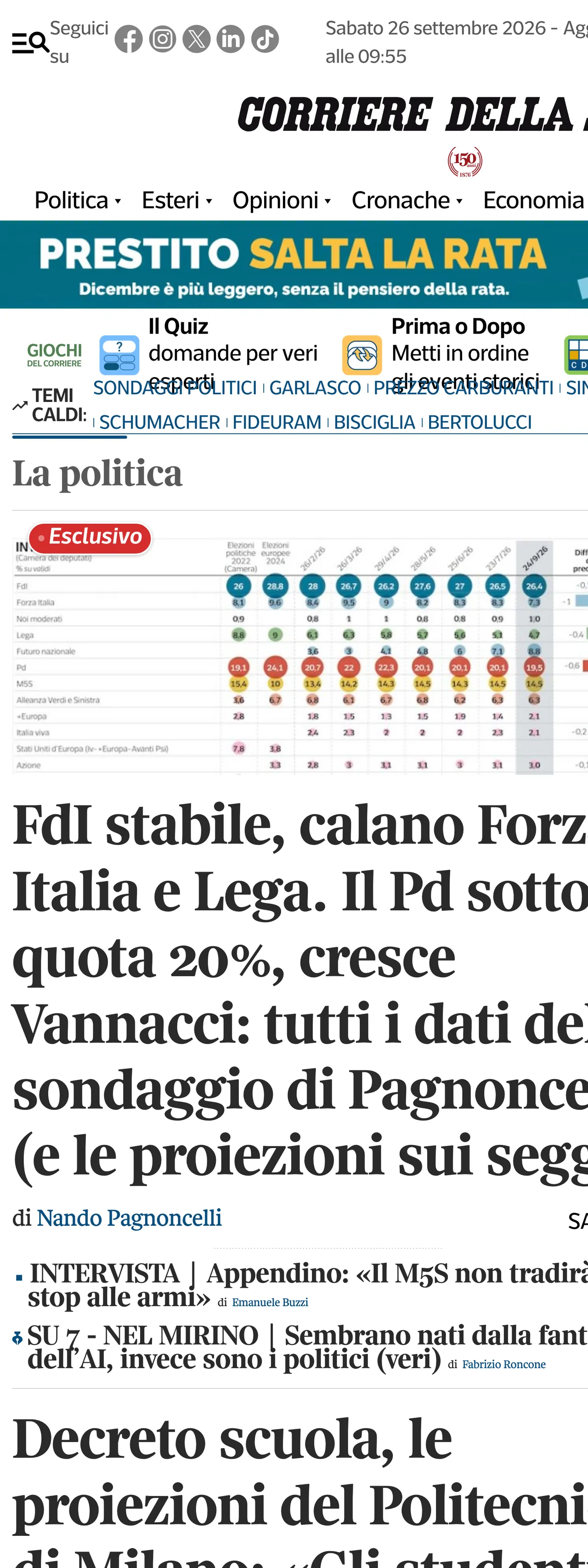 Screenshot of the Corriere della Sera front page