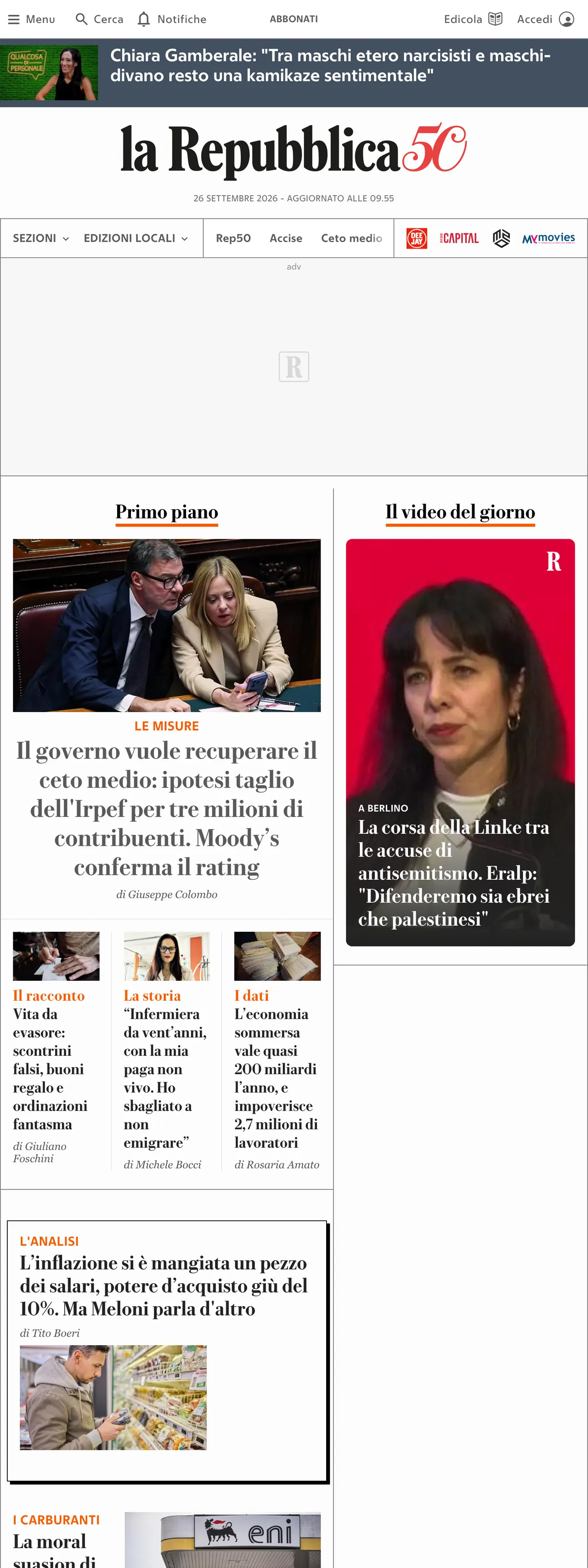 Screenshot of the la Repubblica front page