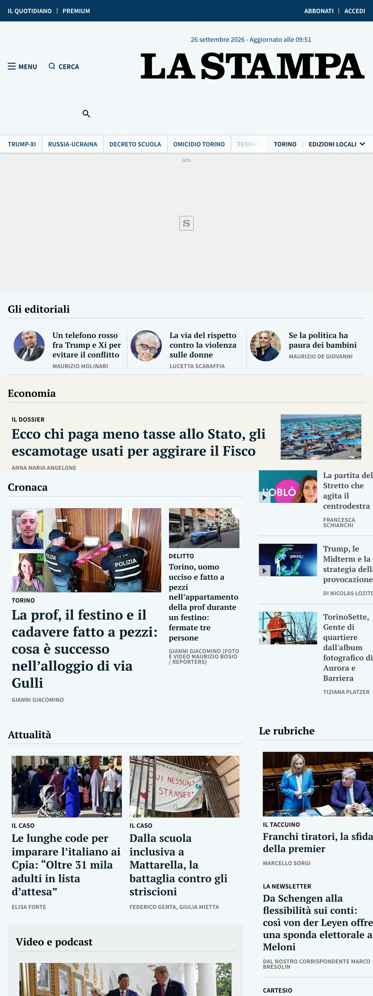 Screenshot of the La Stampa front page